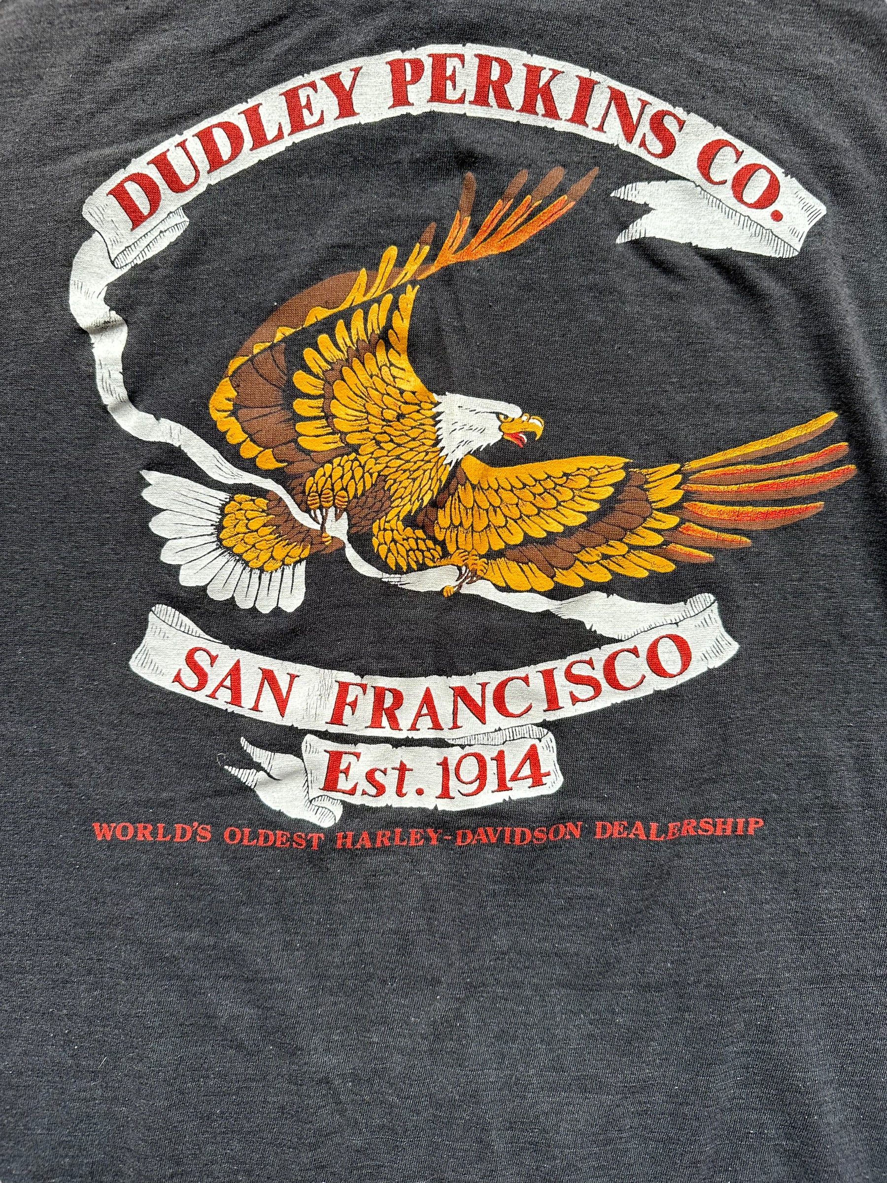 Back graphic shot of Vintage Harley Davidson 3D Emblem SF Dudley Perkins Tee SZ L | Vintage Harley Tee | Barn Owl Vintage Seattle