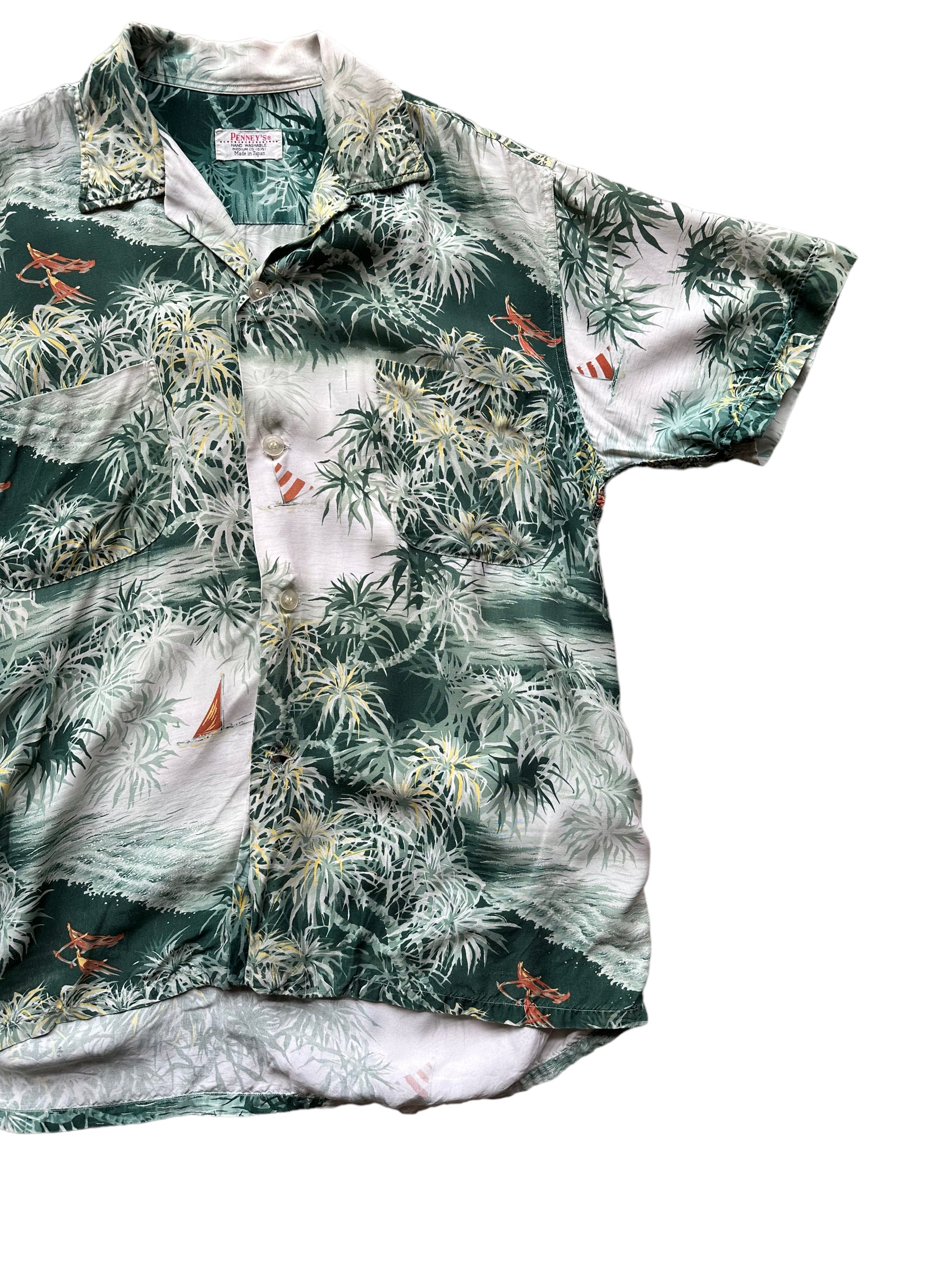 Front left of Vintage Made in Japan Penney's Green Floral Aloha Shirt SZ M | Seattle Vintage Rayon Hawaiian Shirt | Barn Owl Vintage Clothing Seattle