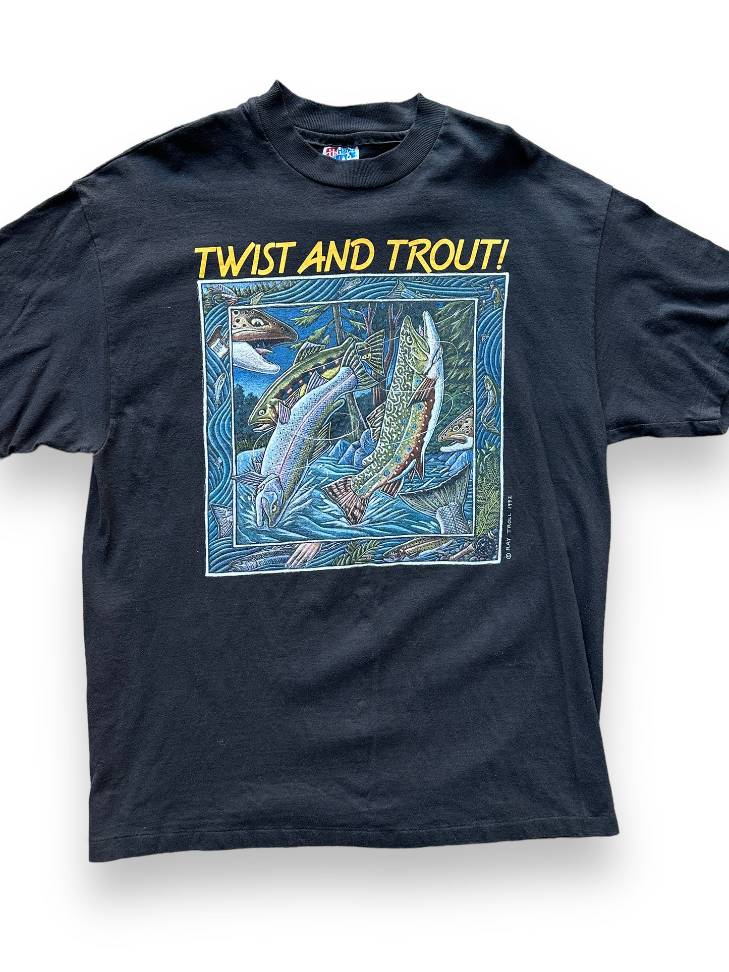 Front close up of Vintage Ray Troll Twist and Trout Tee SZ L |  Vintage Fishing Tee Seattle | Barn Owl Vintage