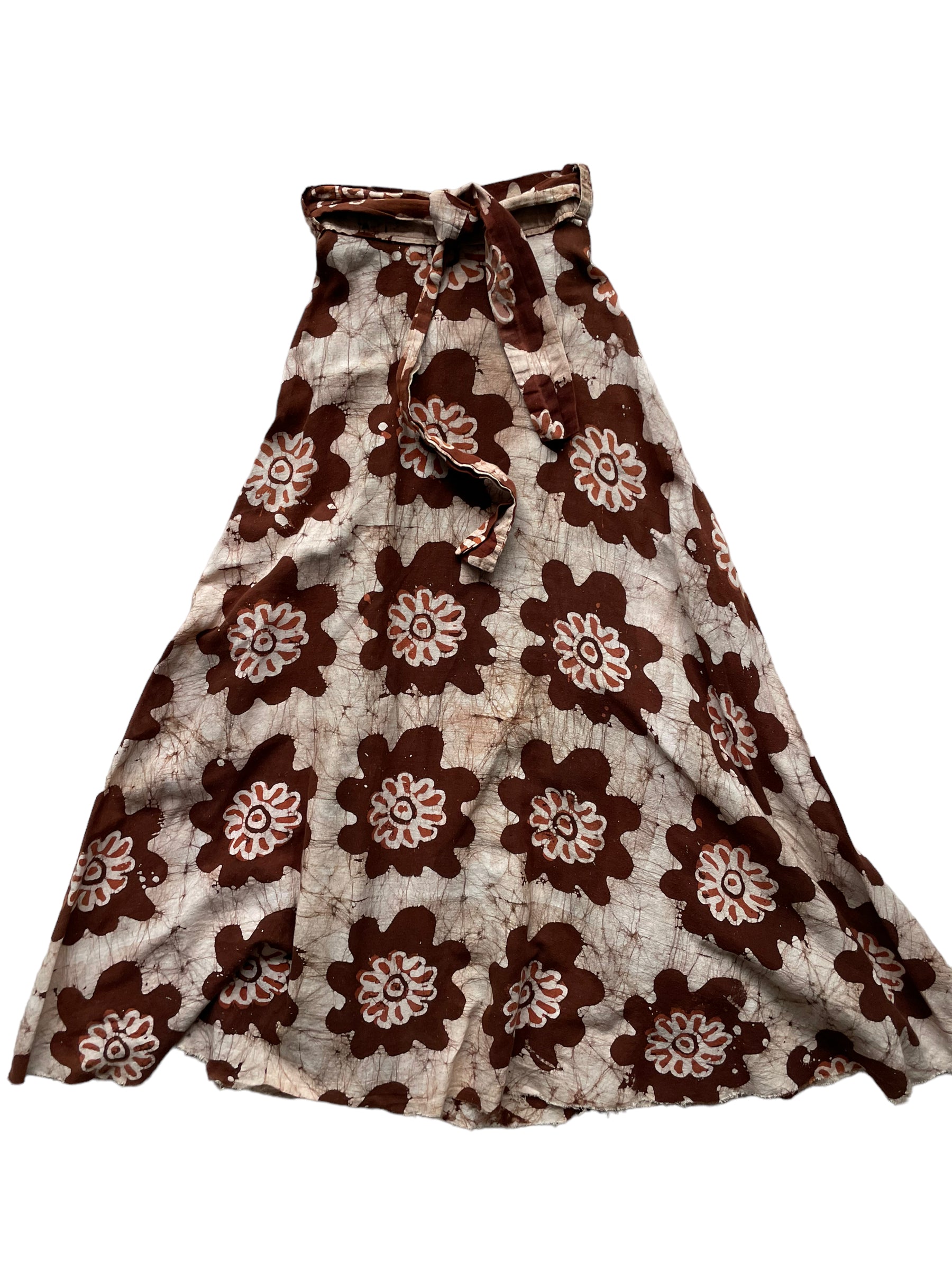 Full front view of Vintage 1970s Indian Cotton Batik Wrap Skirt