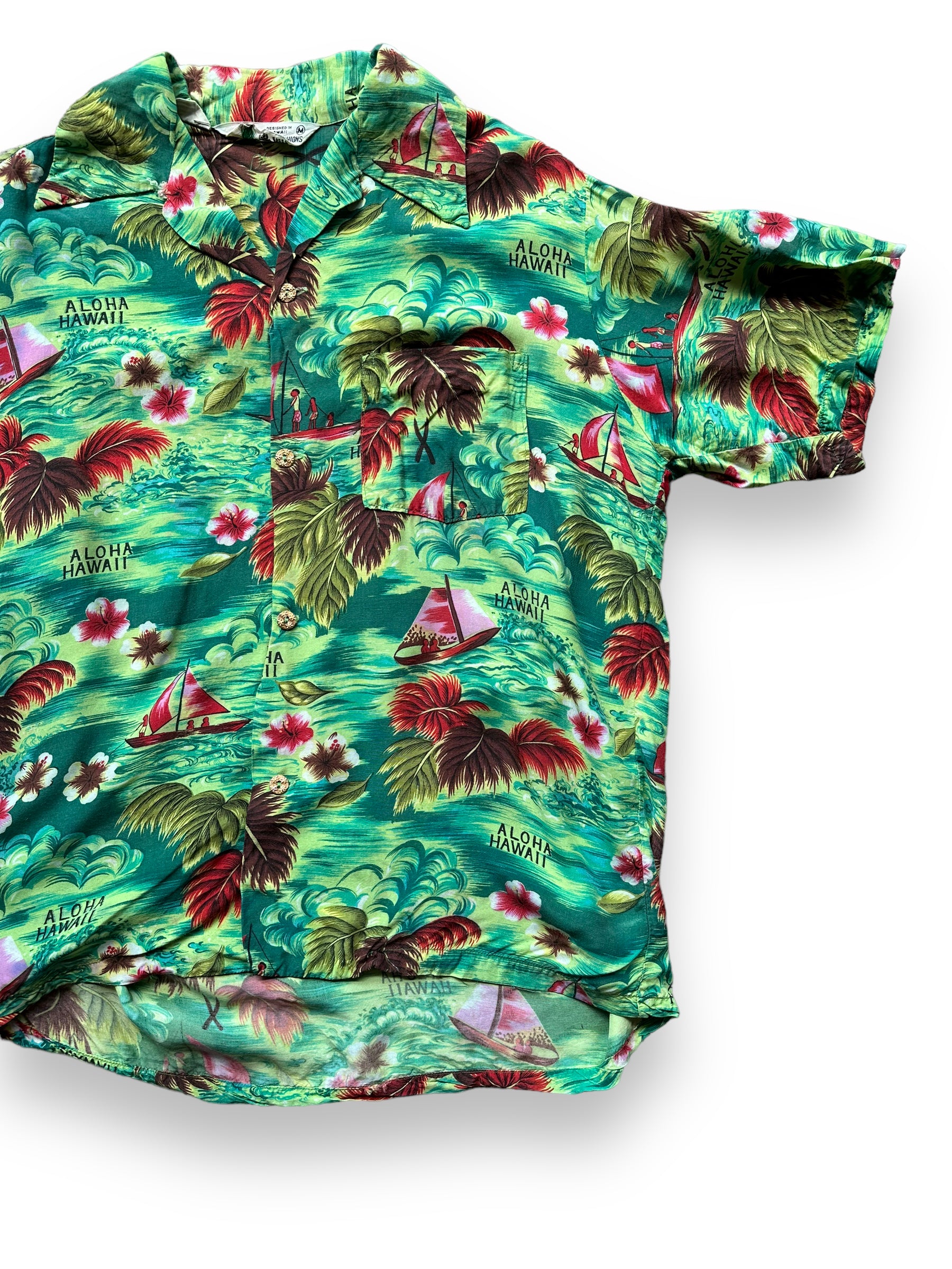 Front Left View of Vintage Island Fashions Green Rayon Aloha Shirt SZ M | Seattle Vintage Rayon Hawaiian Shirt | Barn Owl Vintage Clothing Seattle