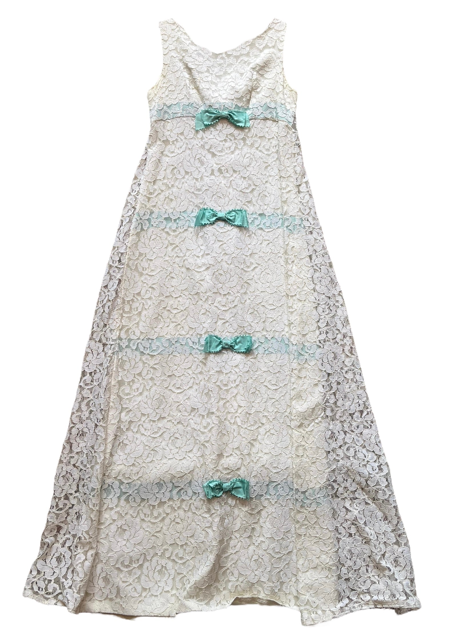 Full front view of Vintage 1960s Lace Dress with Blue Bows