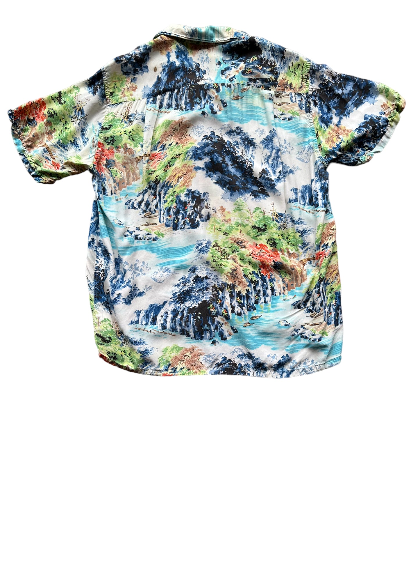Back shot of Vintage Made in Japan Penney's Navy/Blue/Green Landscape Aloha Shirt SZ M | Seattle Vintage Rayon Hawaiian Shirt | Barn Owl Vintage Clothing Seattle
