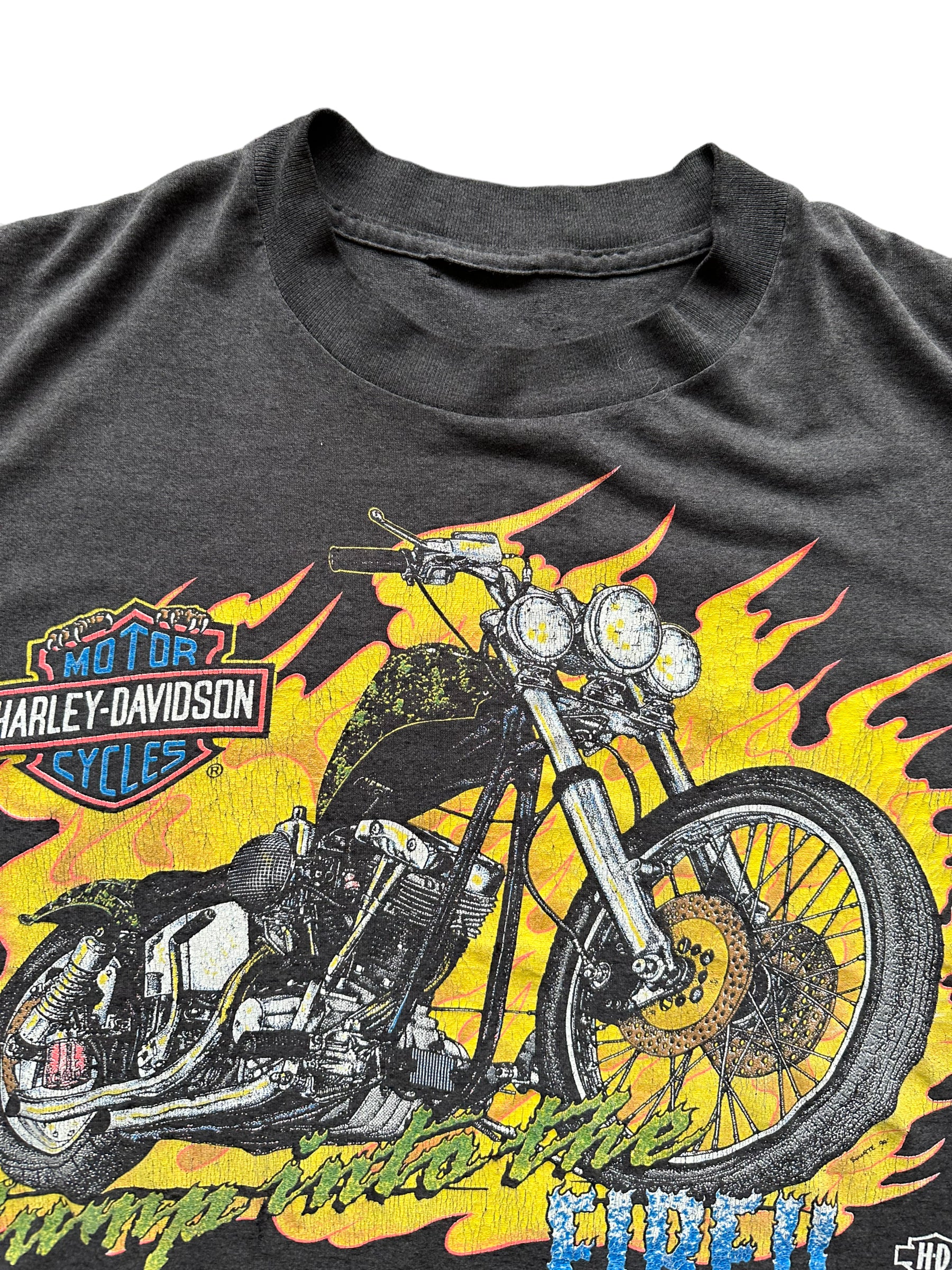 Collar shot of Vintage 1990s "Jump into the Fire" 3D Emblem Harley Davidson Tee SZ XXL | Vintage Harley Tee | Barn Owl Vintage Seattle