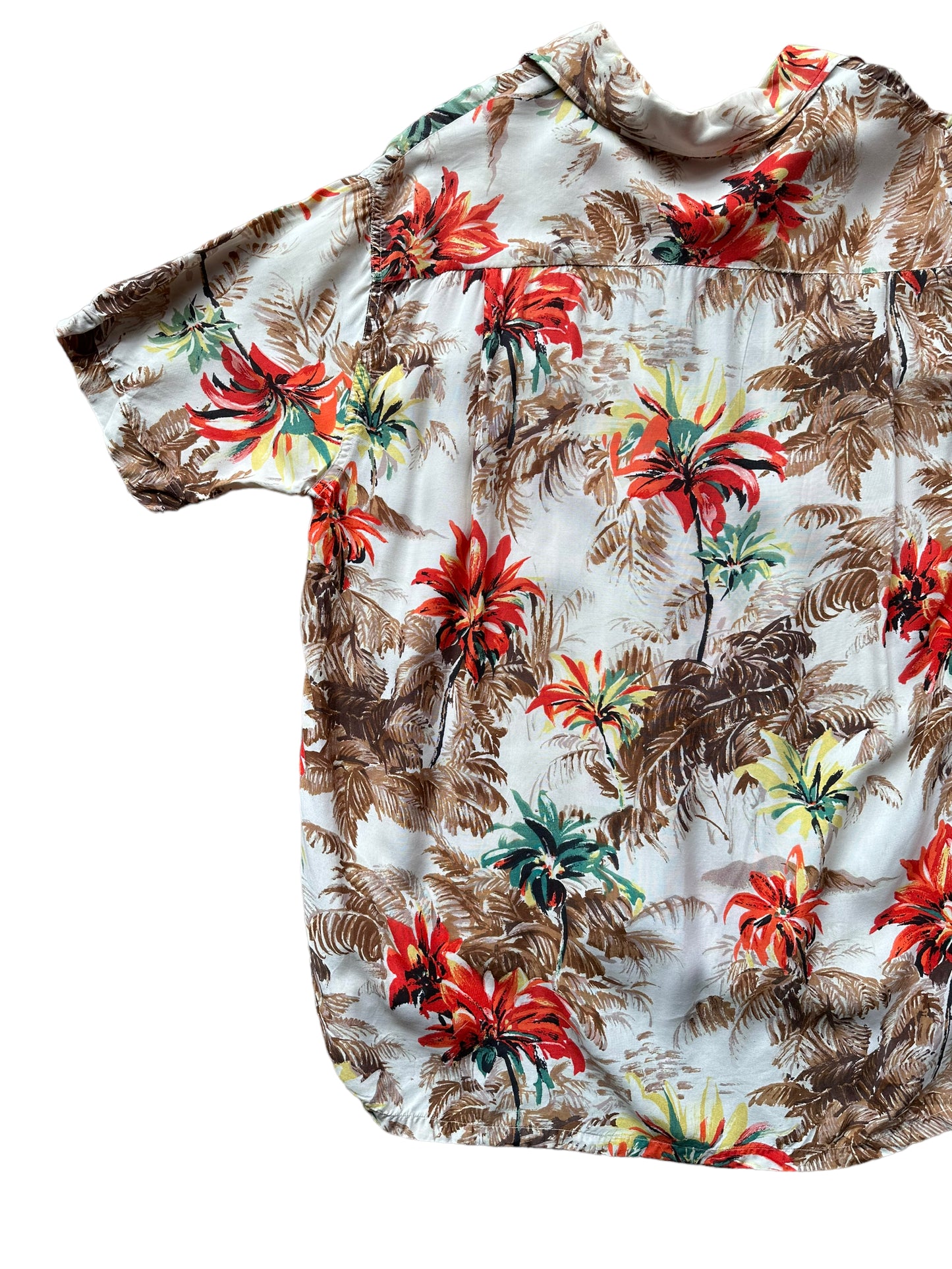 Back left of Vintage Made in Japan Penney's Brown/Orange Floral Aloha Shirt SZ M | Seattle Vintage Rayon Hawaiian Shirt | Barn Owl Vintage Clothing Seattle