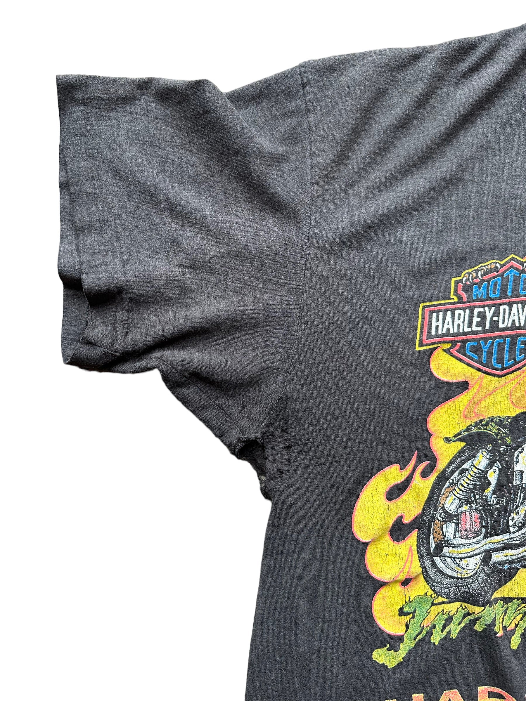 Right sleeve of Vintage 1990s "Jump into the Fire" 3D Emblem Harley Davidson Tee SZ XXL | Vintage Harley Tee | Barn Owl Vintage Seattle