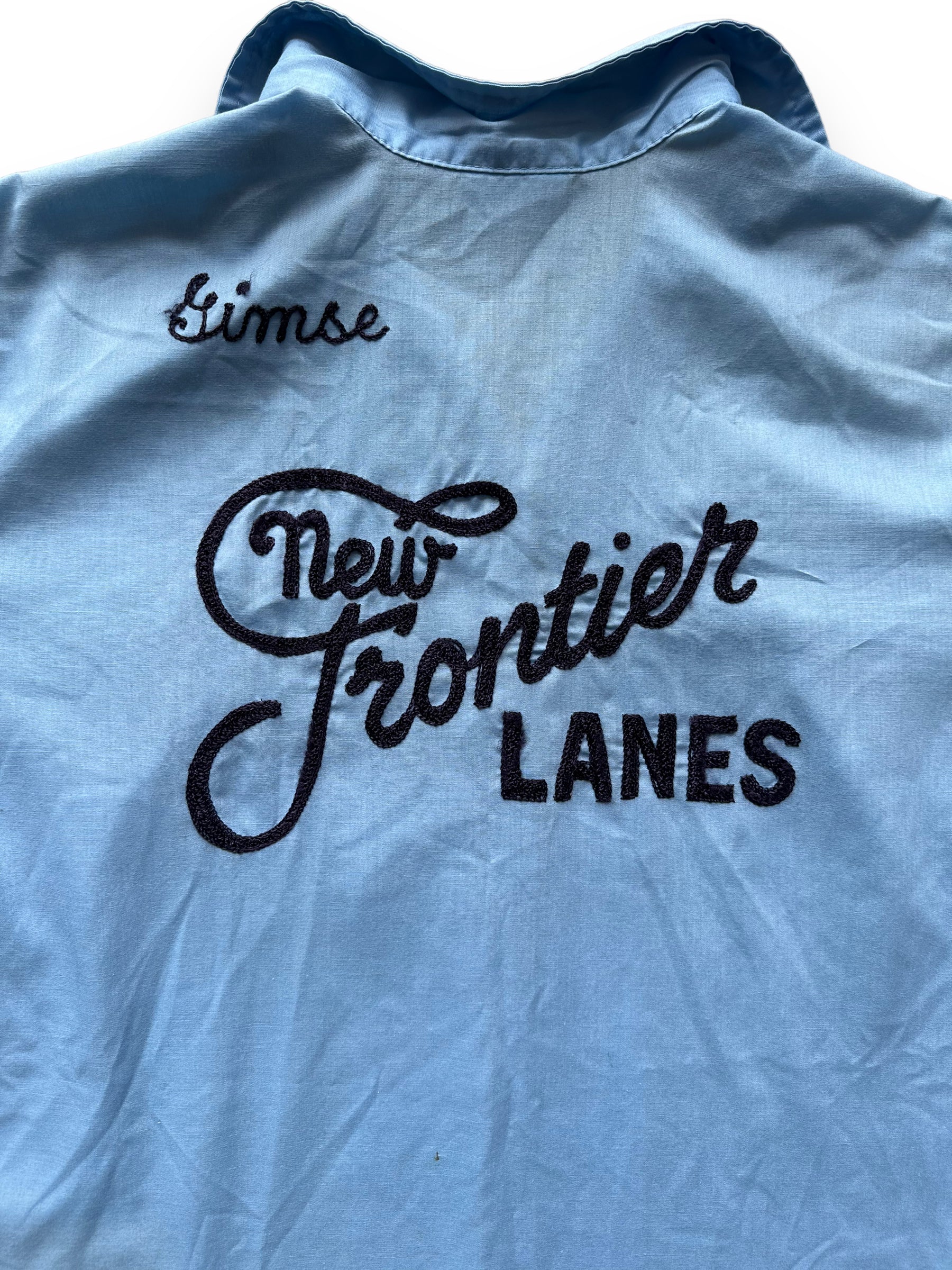 Back chainstitching on Vintage "New Frontier Lanes" Chainstitched Bowling Shirt SZ 40 | Vintage Bowling Shirt Seattle | Barn Owl Vintage Seattle