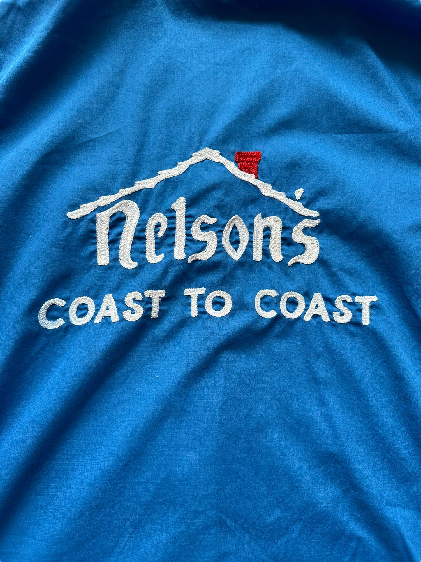 Back logo of Vintage "Nelson's Coast to Coast" Chainstitched Bowling Shirt SZ S | Vintage Bowling Shirt Seattle | Barn Owl Vintage Seattle