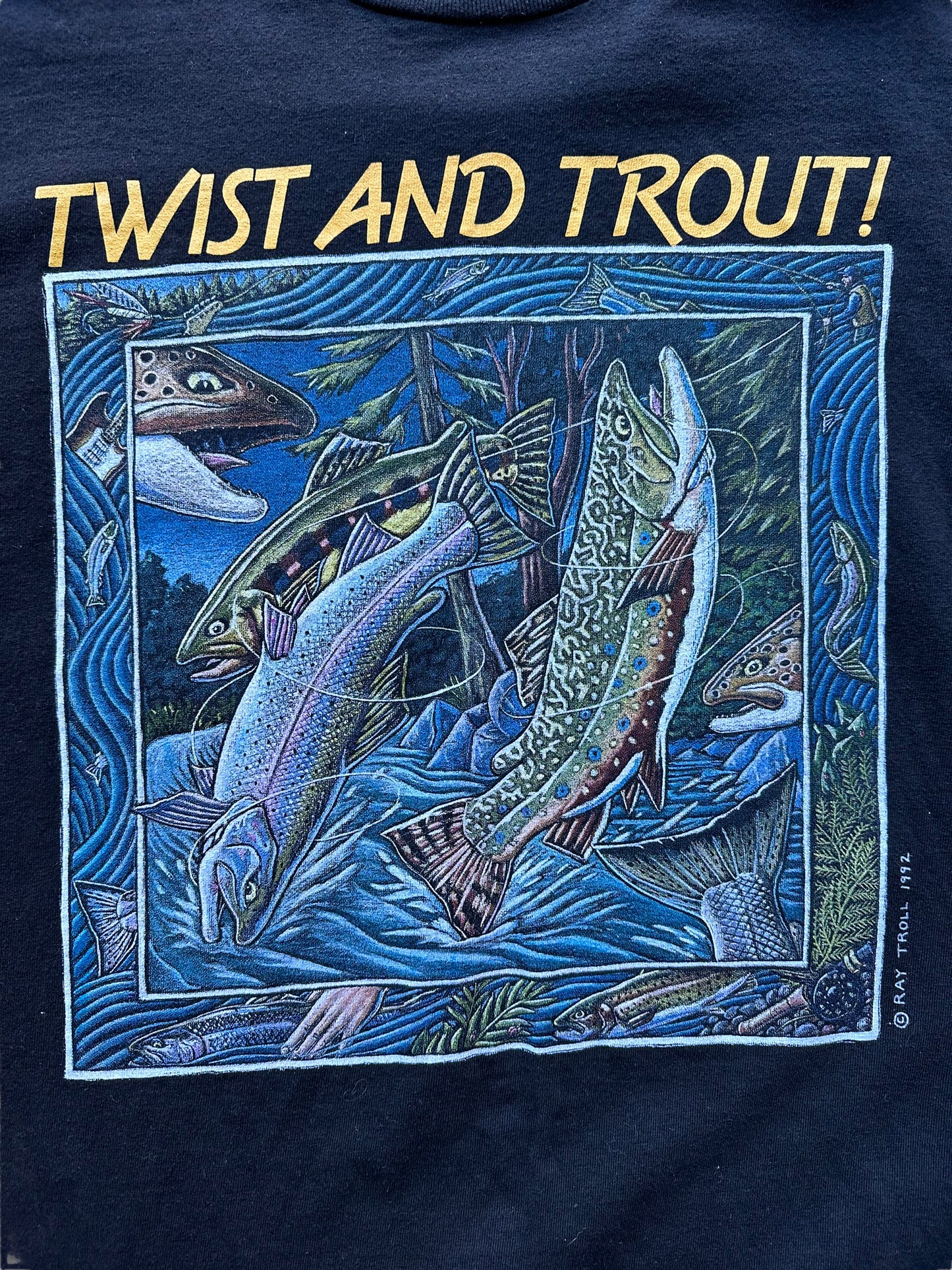 Front graphic of Vintage Ray Troll Twist and Trout Tee SZ L |  Vintage Fishing Tee Seattle | Barn Owl Vintage