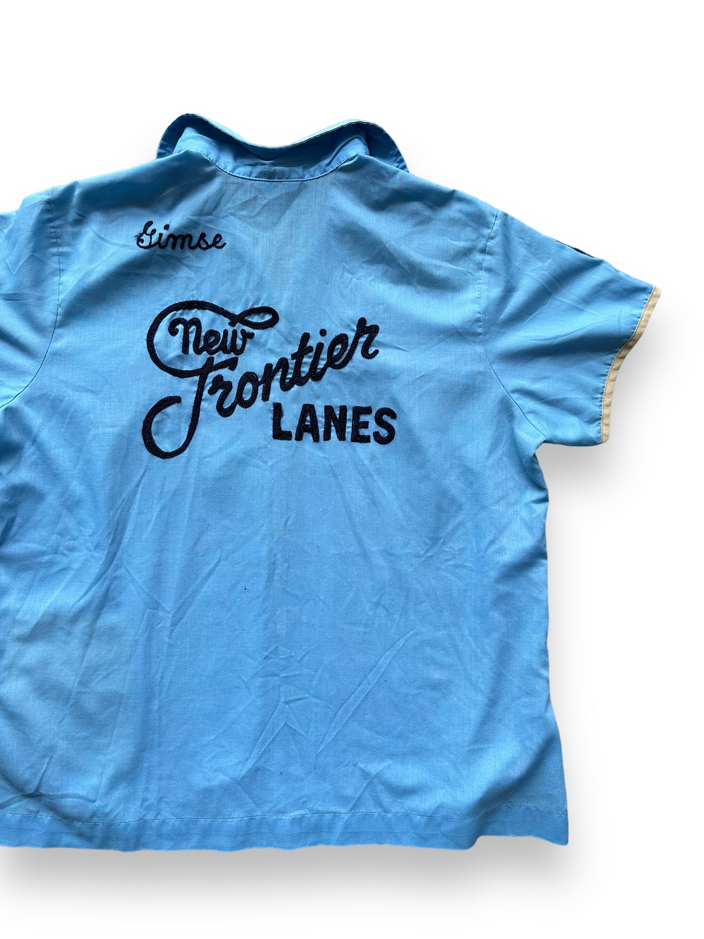 Back right of Vintage "New Frontier Lanes" Chainstitched Bowling Shirt SZ 40 | Vintage Bowling Shirt Seattle | Barn Owl Vintage Seattle
