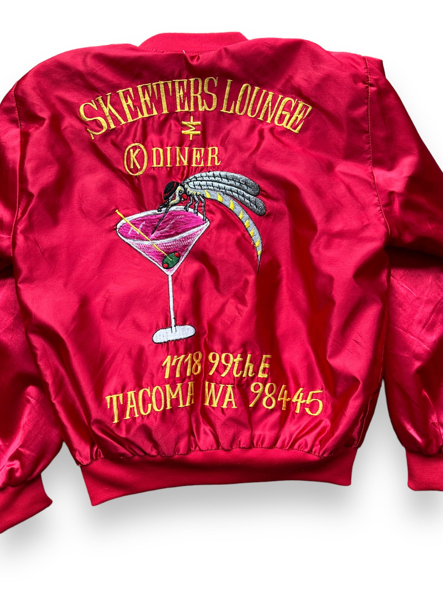 Close up back view of Vintage Skeeters Lounge Tacoma Satin Jacket SZ M | Vintage Coaches Jacket Seattle | Seattle Vintage Coaches Jackets