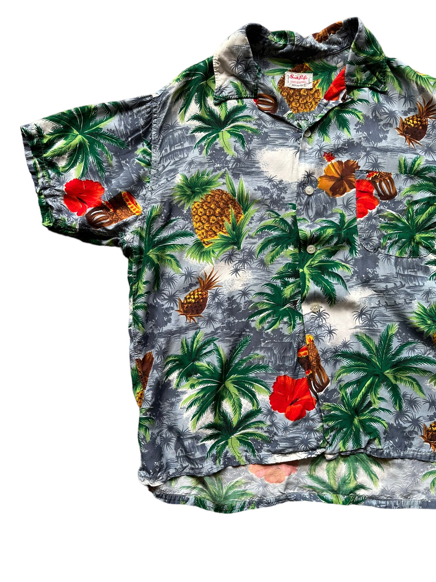 Front right shot of Vintage Made in Japan South Pacific Grey Pineapple Aloha Shirt SZ L | Seattle Vintage Rayon Hawaiian Shirt | Barn Owl Vintage Clothing Seattle