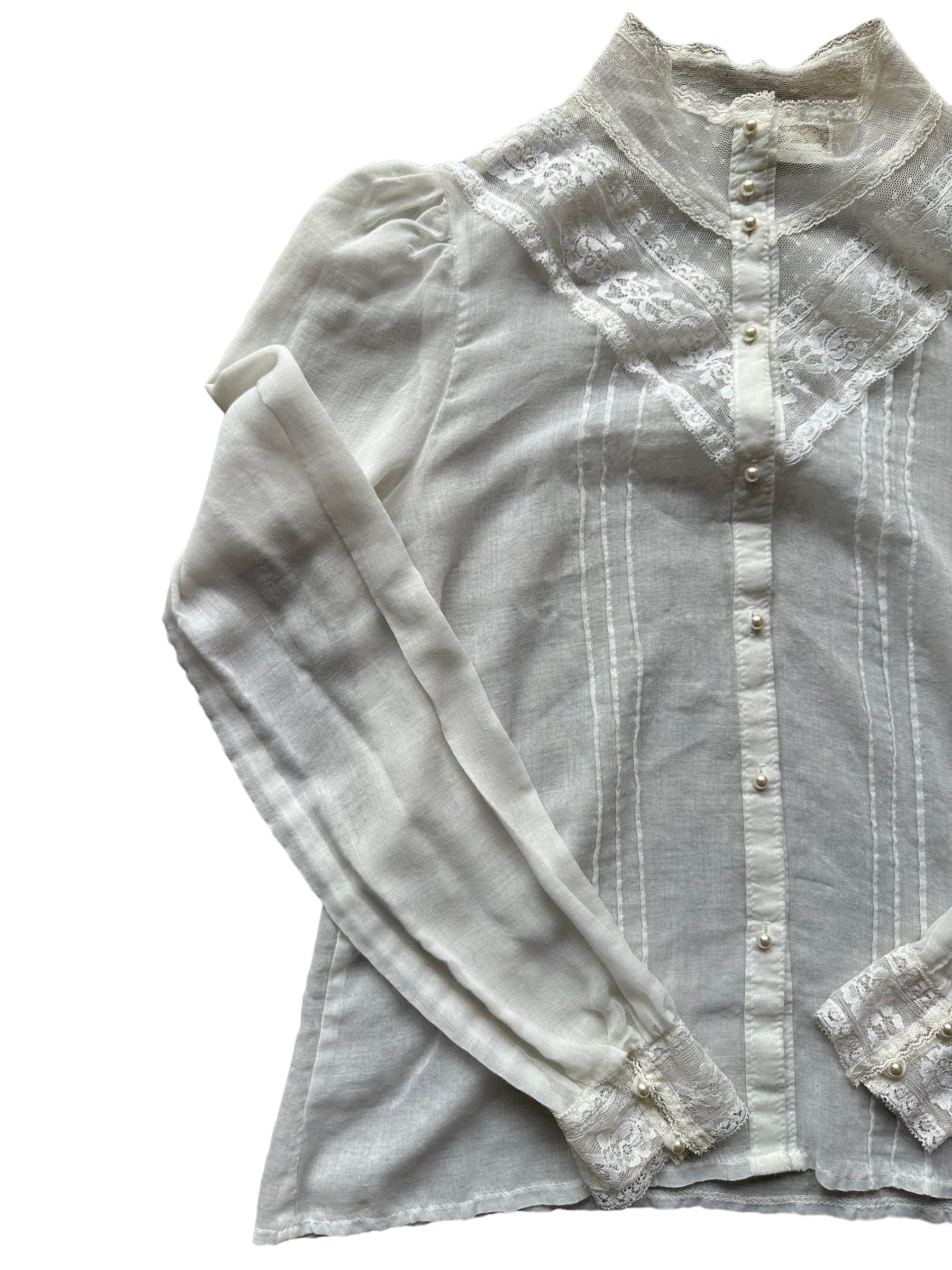 Front right side view of 1980s Jessica's Gunnies Sheer Blouse | Seattle Vintage Gunne Sax | Bar Owl True Vintage