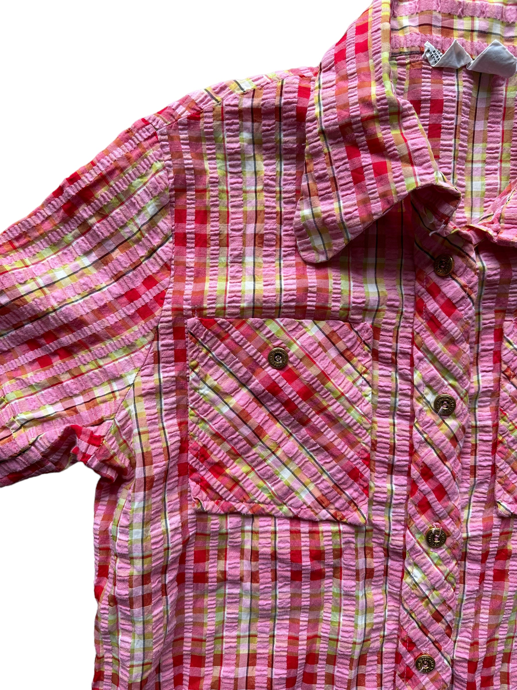 Front right shoulder Vintage 1950s Seersucker Plaid Button Up Top | Vintage Summer Tops | Barn Owl Seattle