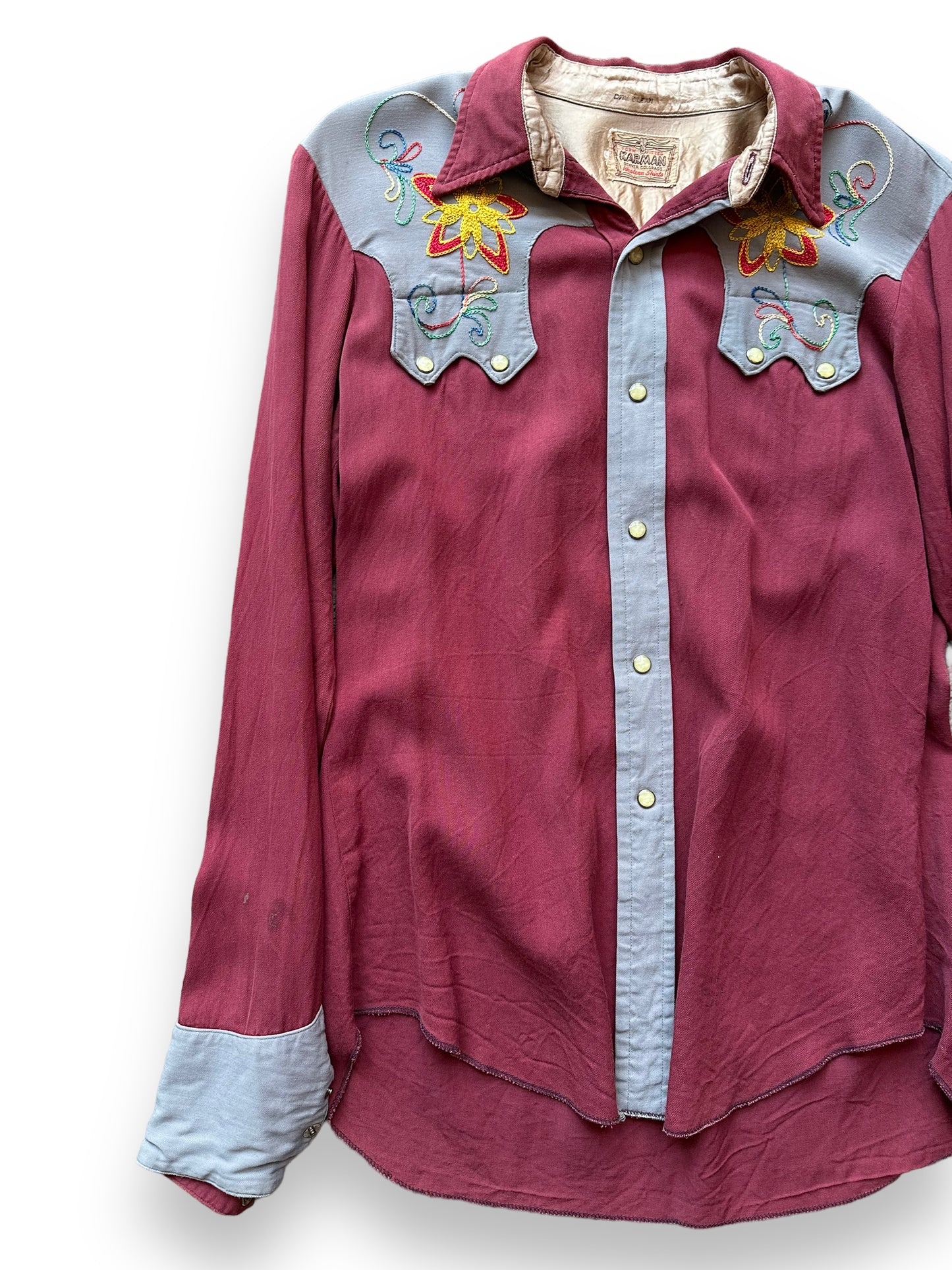 Western Vintage Gabardine Ch The Vintage Shirt SZ Barn Chainstitched Owl Karman – | M