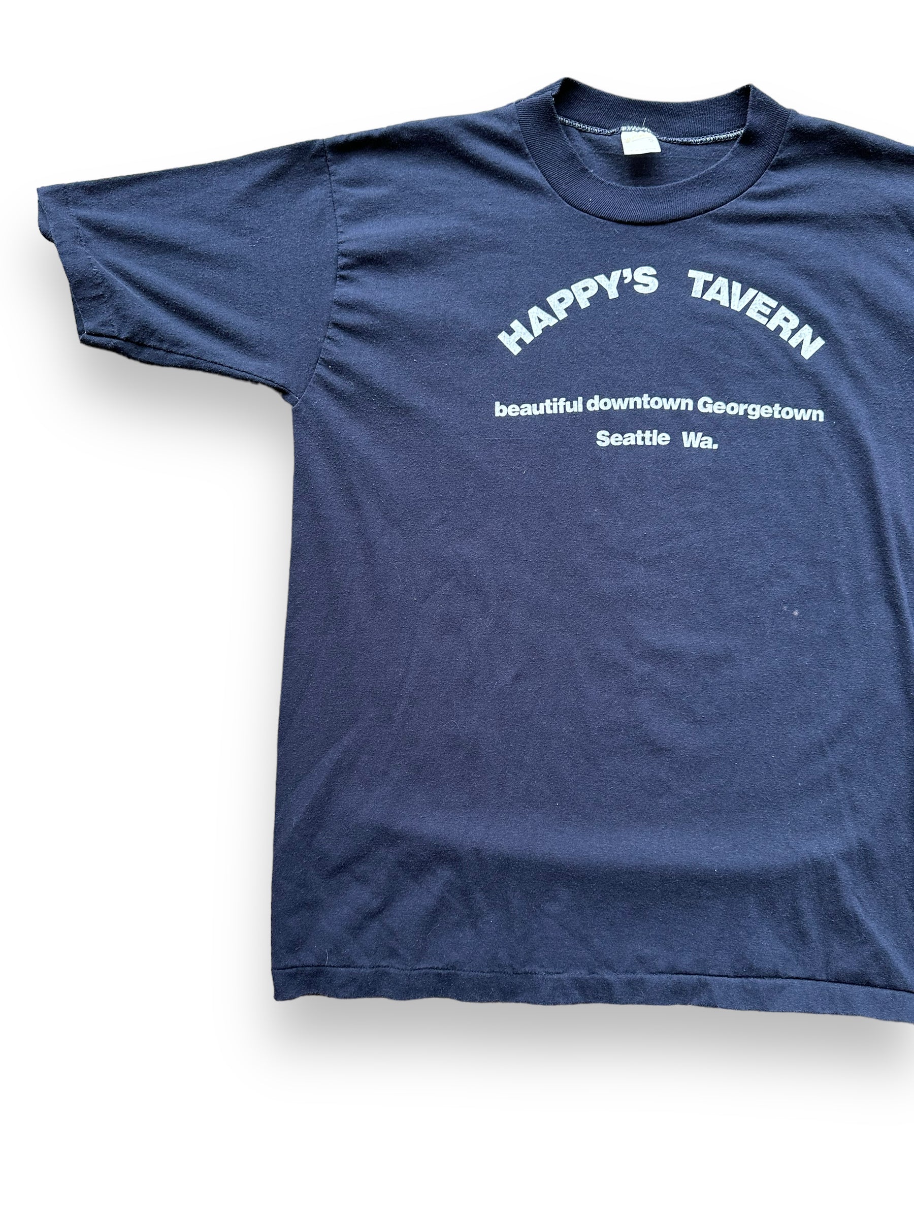 Front Right View of Vintage Happys Tavern Georgetown Tee SZ XL | Vintage Single Stitch T-Shirts Seattle | Barn Owl Vintage Tees Seattle