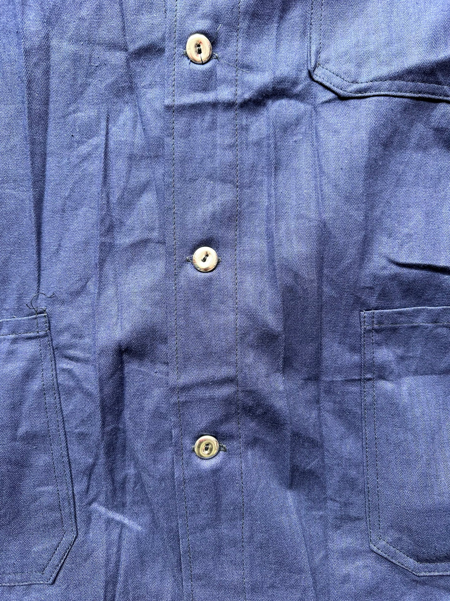 Close Up of Aluminum Bittons on Vintage Light Cotton European Workwear Shirt SZ M | Vintage European Workwear Seattle | Barn Owl Vintage Goods Seattle