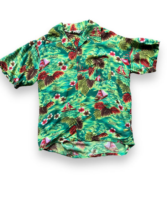 Front View of Vintage Island Fashions Green Rayon Aloha Shirt SZ M | Seattle Vintage Rayon Hawaiian Shirt | Barn Owl Vintage Clothing Seattle