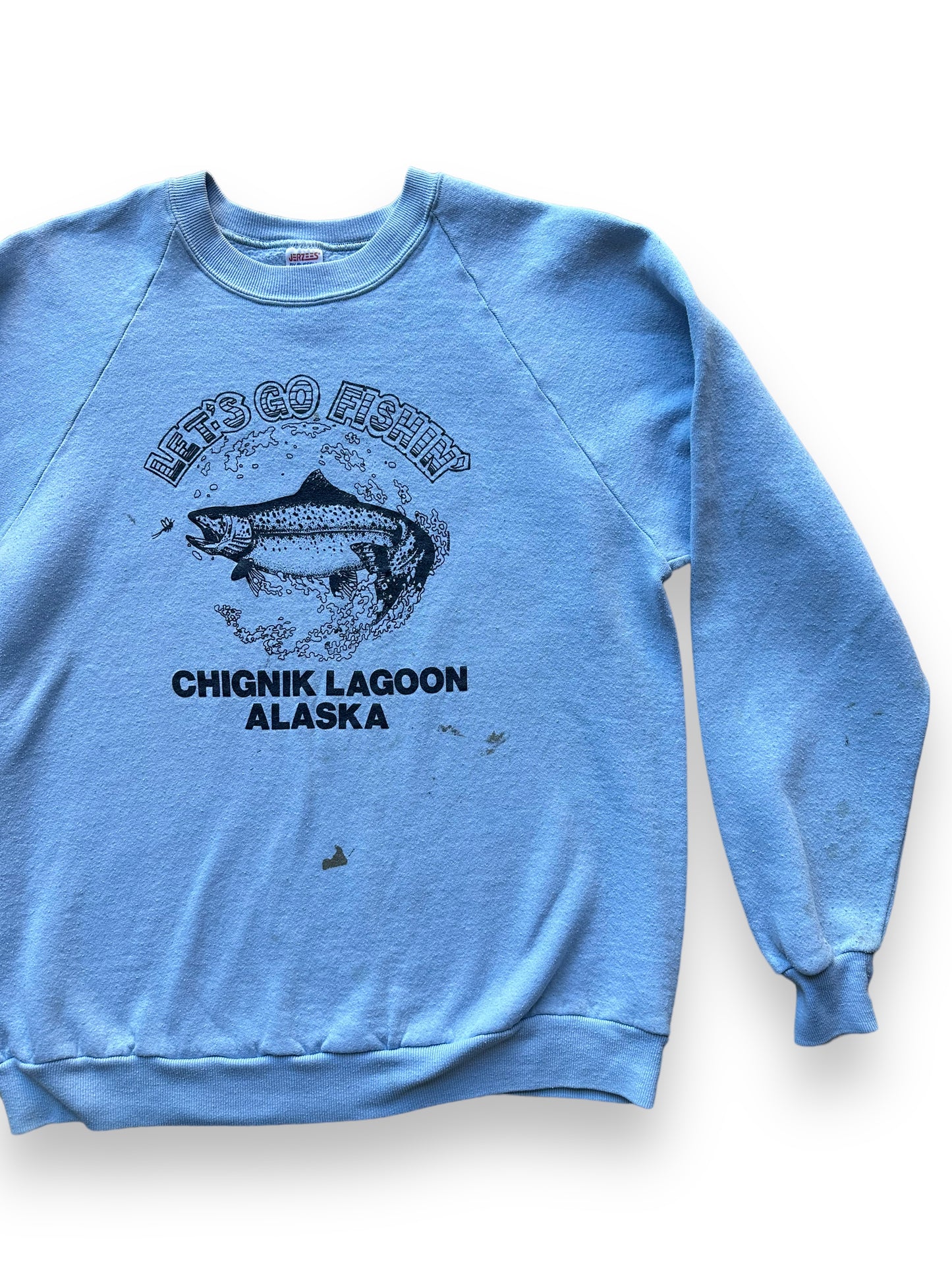 Front left of Vintage "Let's Go Fishing" Chignik Lagoon Alaska Crewneck SZ XL |  Vintage Fishing Sweatshirt Seattle | Barn Owl Vintage