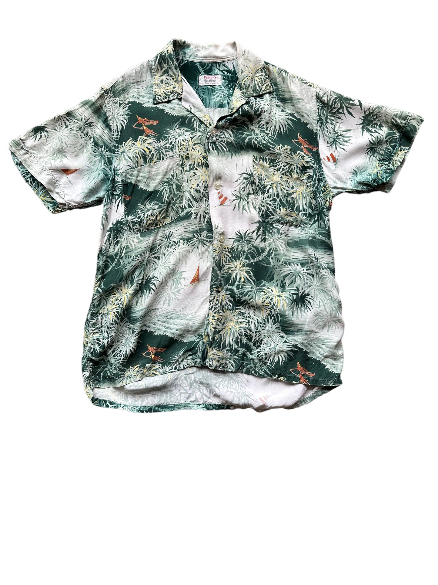 Front shot of Vintage Made in Japan Penney's Green Floral Aloha Shirt SZ M | Seattle Vintage Rayon Hawaiian Shirt | Barn Owl Vintage Clothing Seattle
