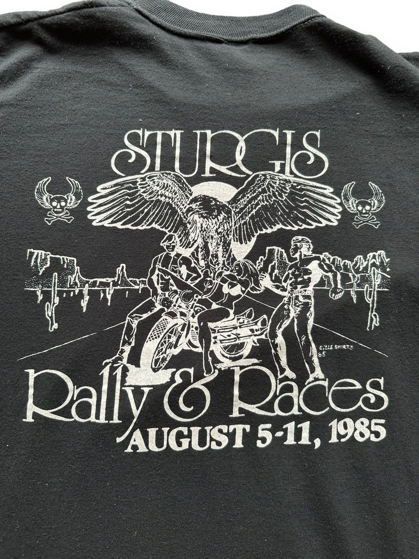 Back graphic close up of '85 Sturgis Longsleeve Tee SZ M | Vintage Harley Tee | Barn Owl Vintage Seattle