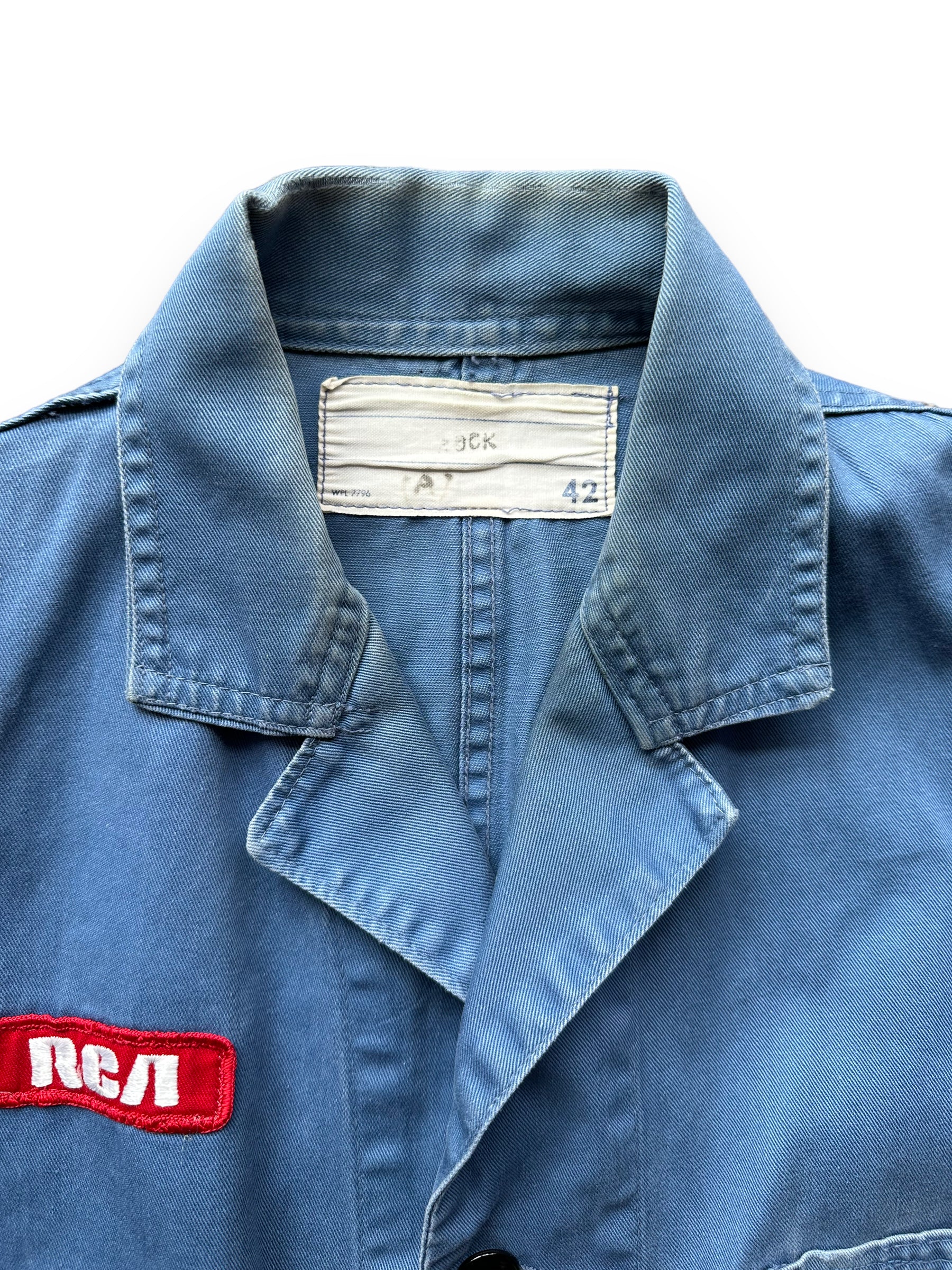 Tag View of Vintage RCA TV Repair Shop Coat SZ XL | French Workwear Seattle | Barn Owl Vintage Goods Seattle