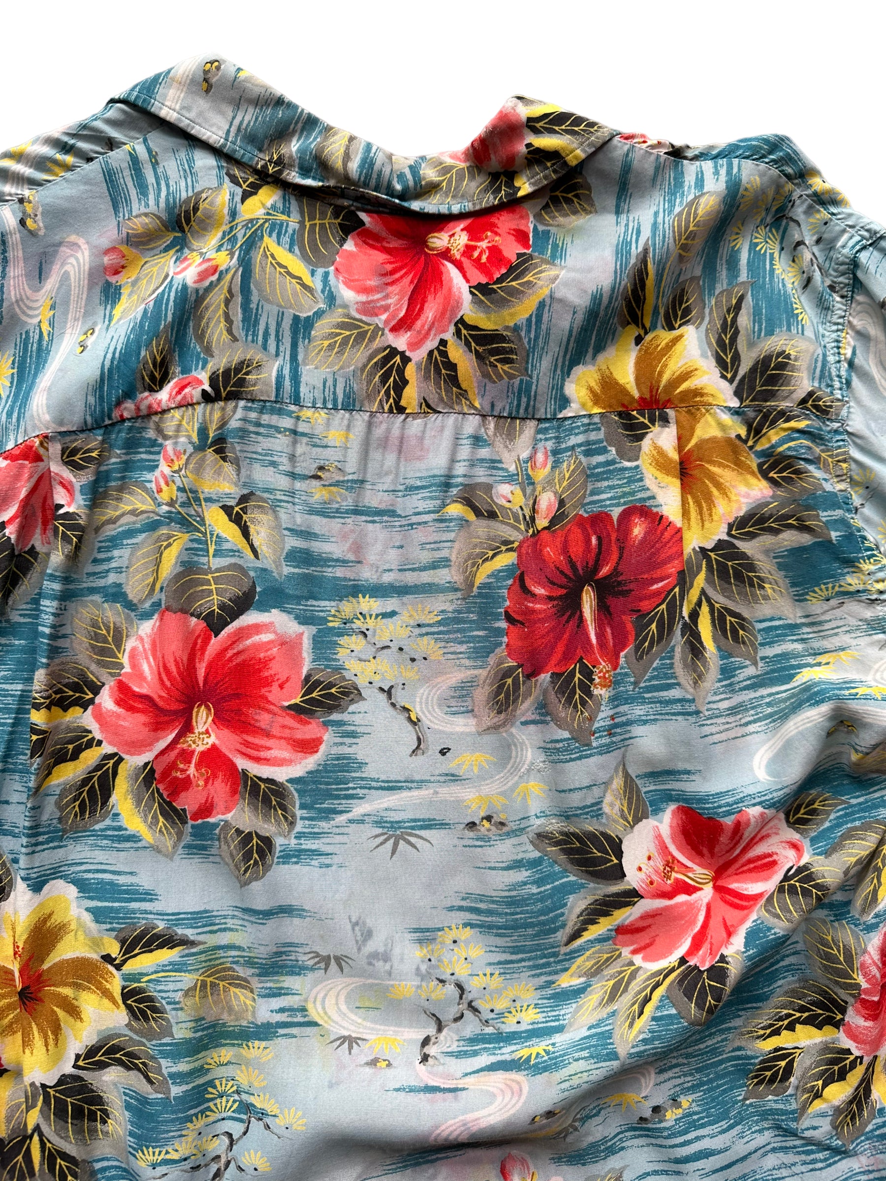 Stain detail 3 of Vintage Made in Japan Penney's Blue/Pink/Yellow Floral Aloha Shirt SZ L | Seattle Vintage Rayon Hawaiian Shirt | Barn Owl Vintage Clothing Seattle