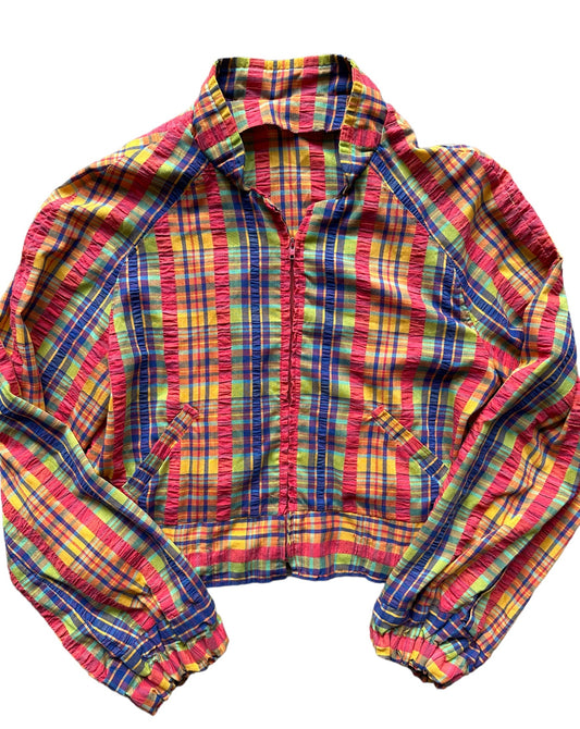 Full front view of 1950s Seersucker Plaid Zip Up Jacket | Seattle True Vintage | Barn Owl Ladies Jackets'