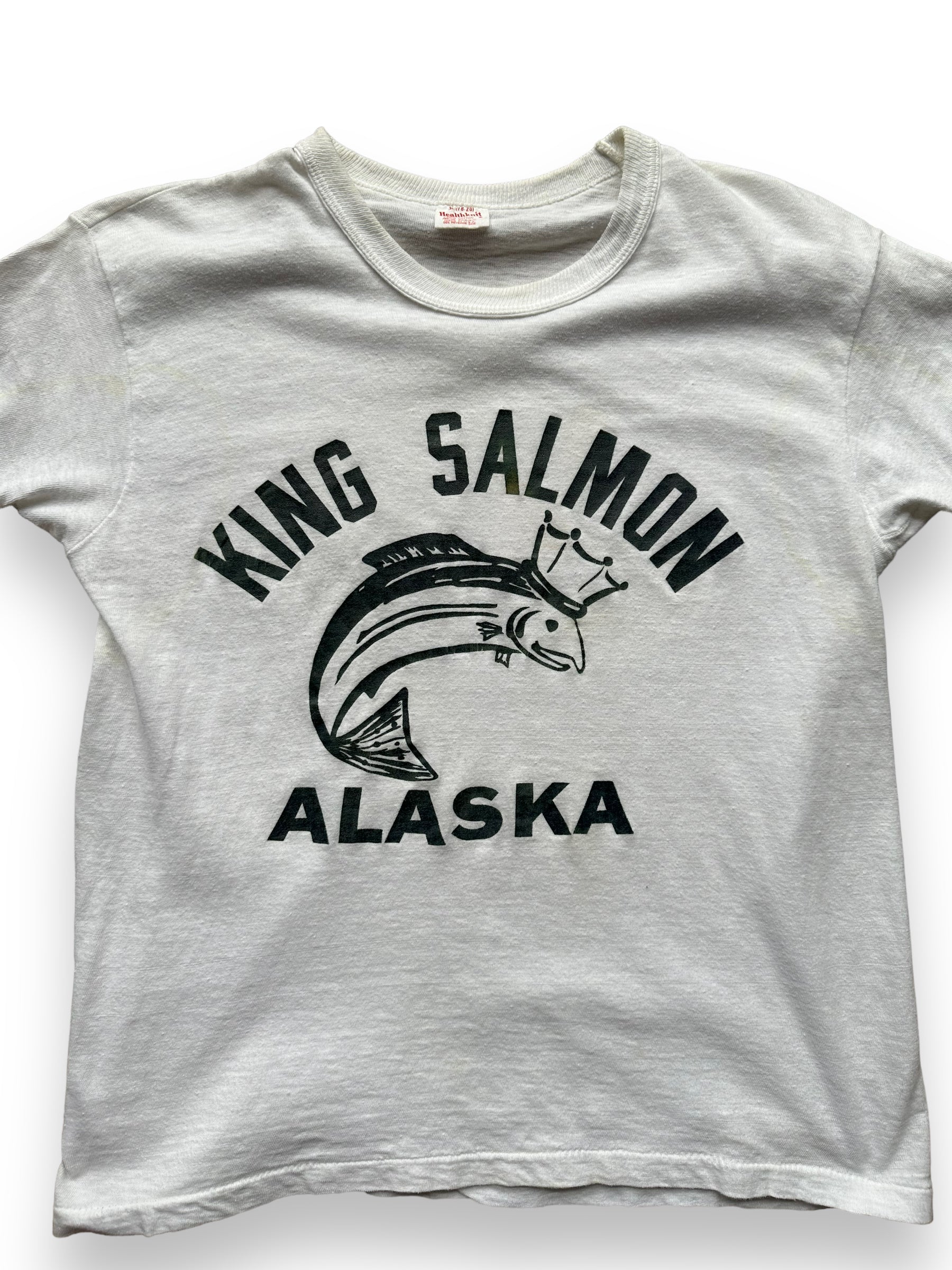Front Detail on Vintage Healthknit King Salmon Alaska Tee SZ S | Vintage T-Shirts Seattle | Barn Owl Vintage Tees Seattle