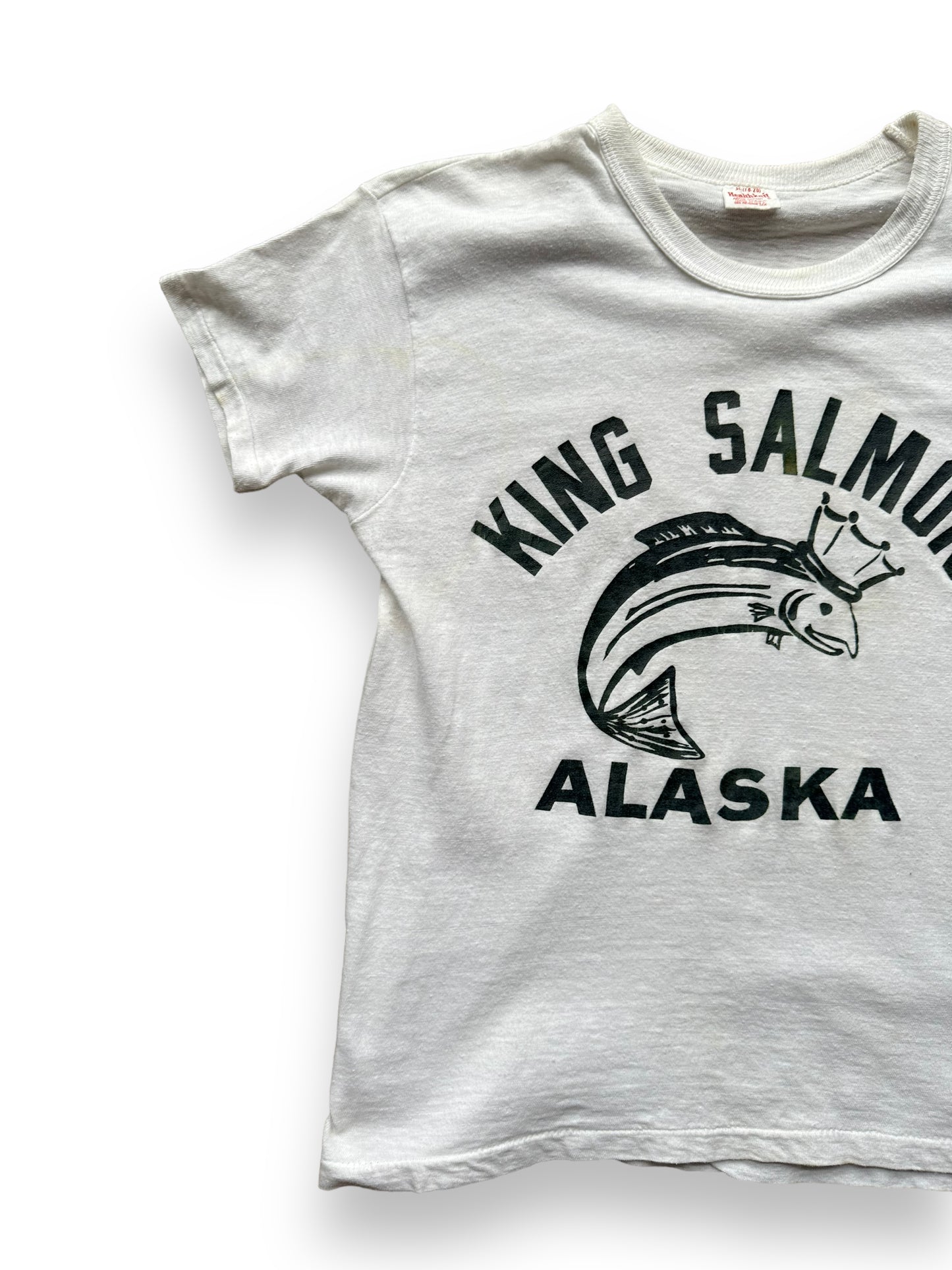 Front Right View of Vintage Healthknit King Salmon Alaska Tee SZ S | Vintage T-Shirts Seattle | Barn Owl Vintage Tees Seattle