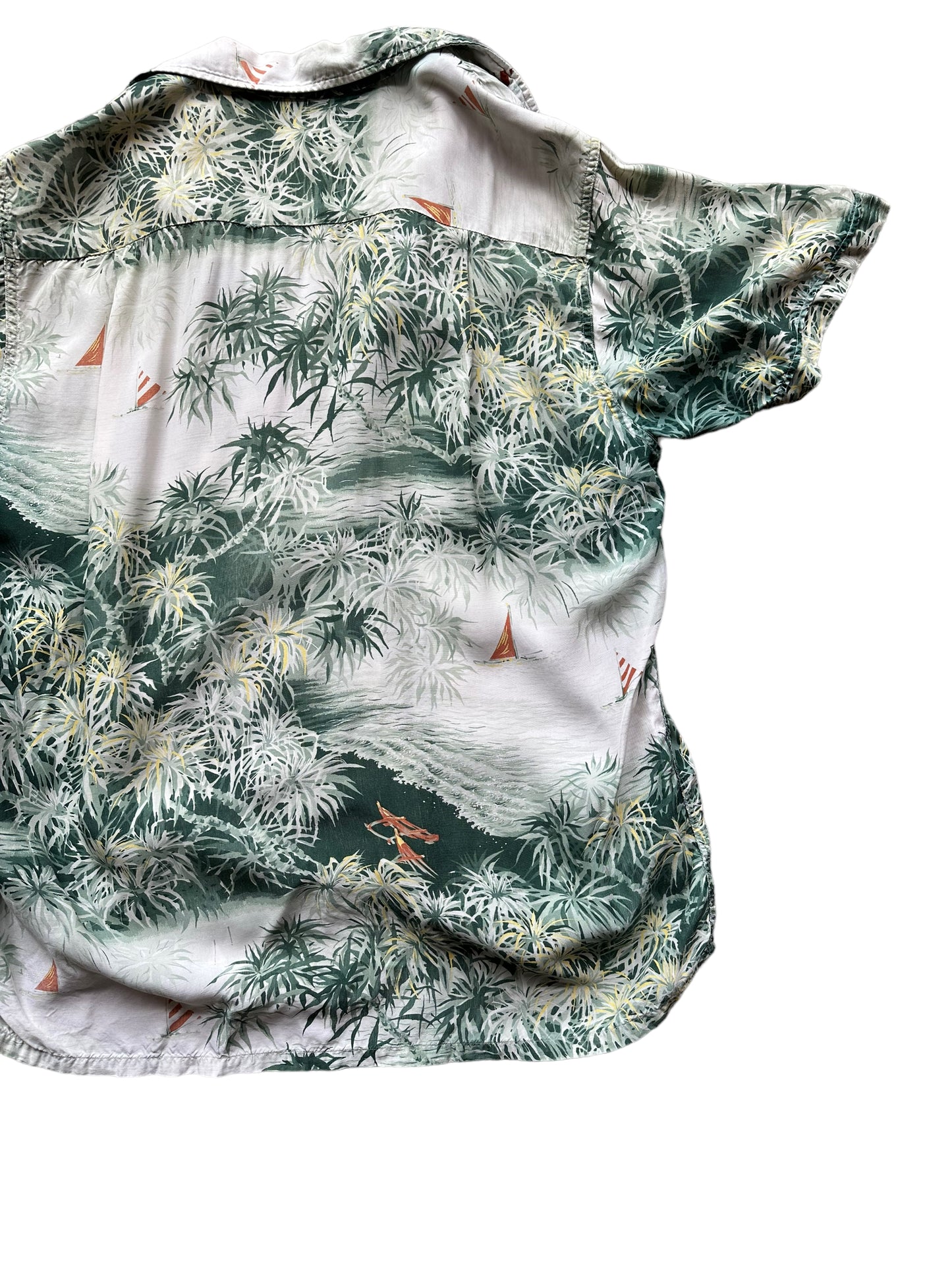 Back right of Vintage Made in Japan Penney's Green Floral Aloha Shirt SZ M | Seattle Vintage Rayon Hawaiian Shirt | Barn Owl Vintage Clothing Seattle