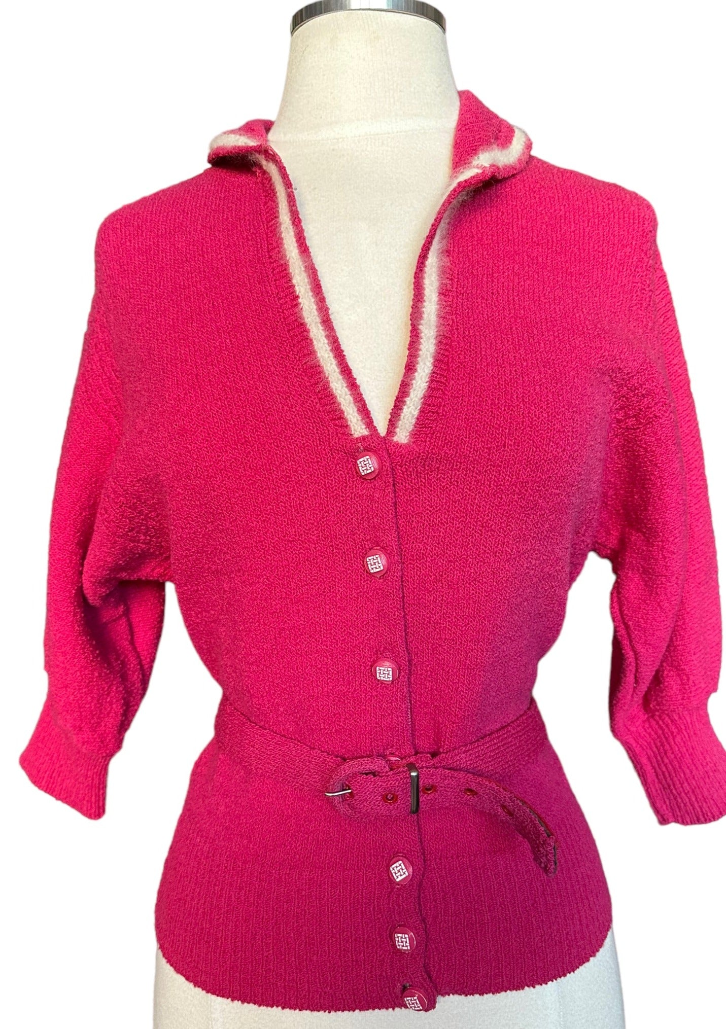 Front open collar Vintage 1950s Pink Sweater With Belt | Vintage Ladies Sweaters | Barn Owl Vintage Seattle
