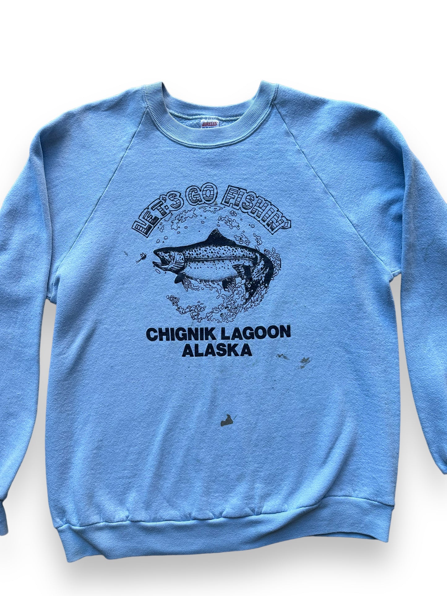 Front close up of Vintage "Let's Go Fishing" Chignik Lagoon Alaska Crewneck SZ XL |  Vintage Fishing Sweatshirt Seattle | Barn Owl Vintage