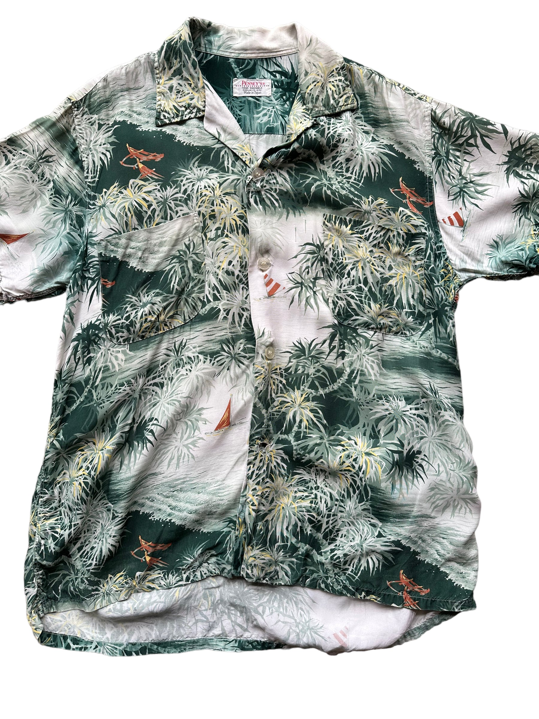 Front close up of Vintage Made in Japan Penney's Green Floral Aloha Shirt SZ M | Seattle Vintage Rayon Hawaiian Shirt | Barn Owl Vintage Clothing Seattle