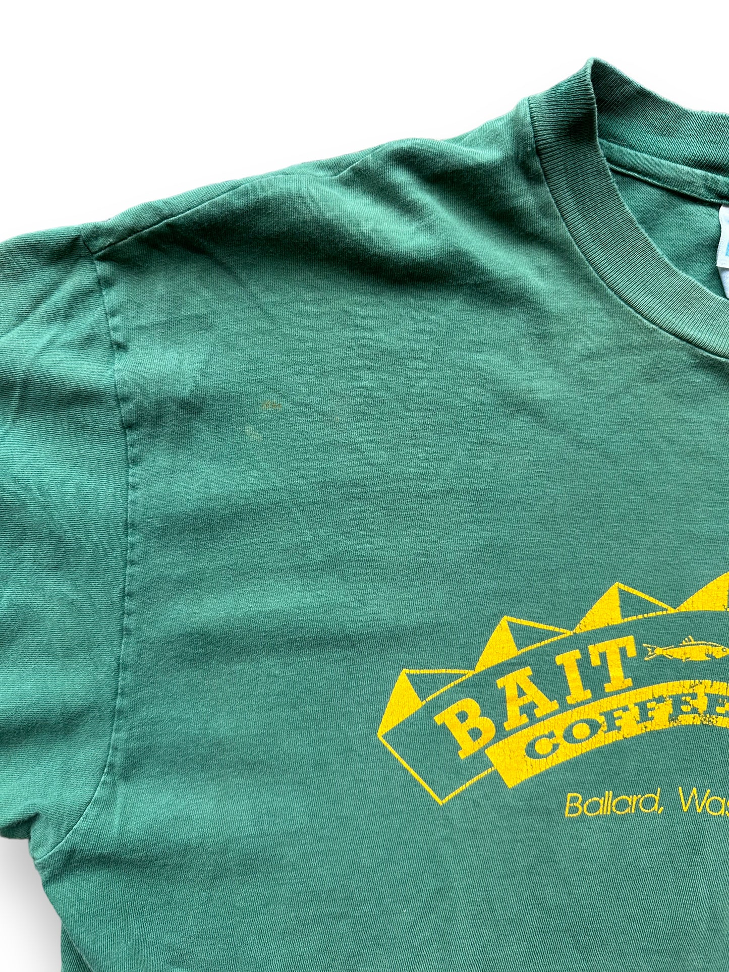 Small Blemish on Shoulder of Vintage Bait House Coffee Ballard Tee SZ XL | Vintage Single Stitch T-Shirts Seattle | Barn Owl Vintage Tees Seattle