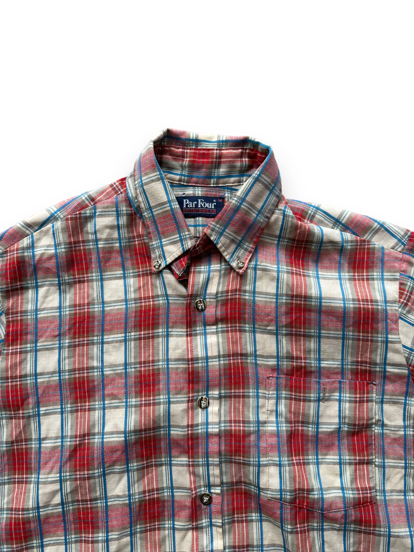 Collar of Vintage Plaid Par Four Sportswear Button Up Shirt SZ M | Vintage Cotton Flannel Seattle | Barn Owl Vintage Seattle
