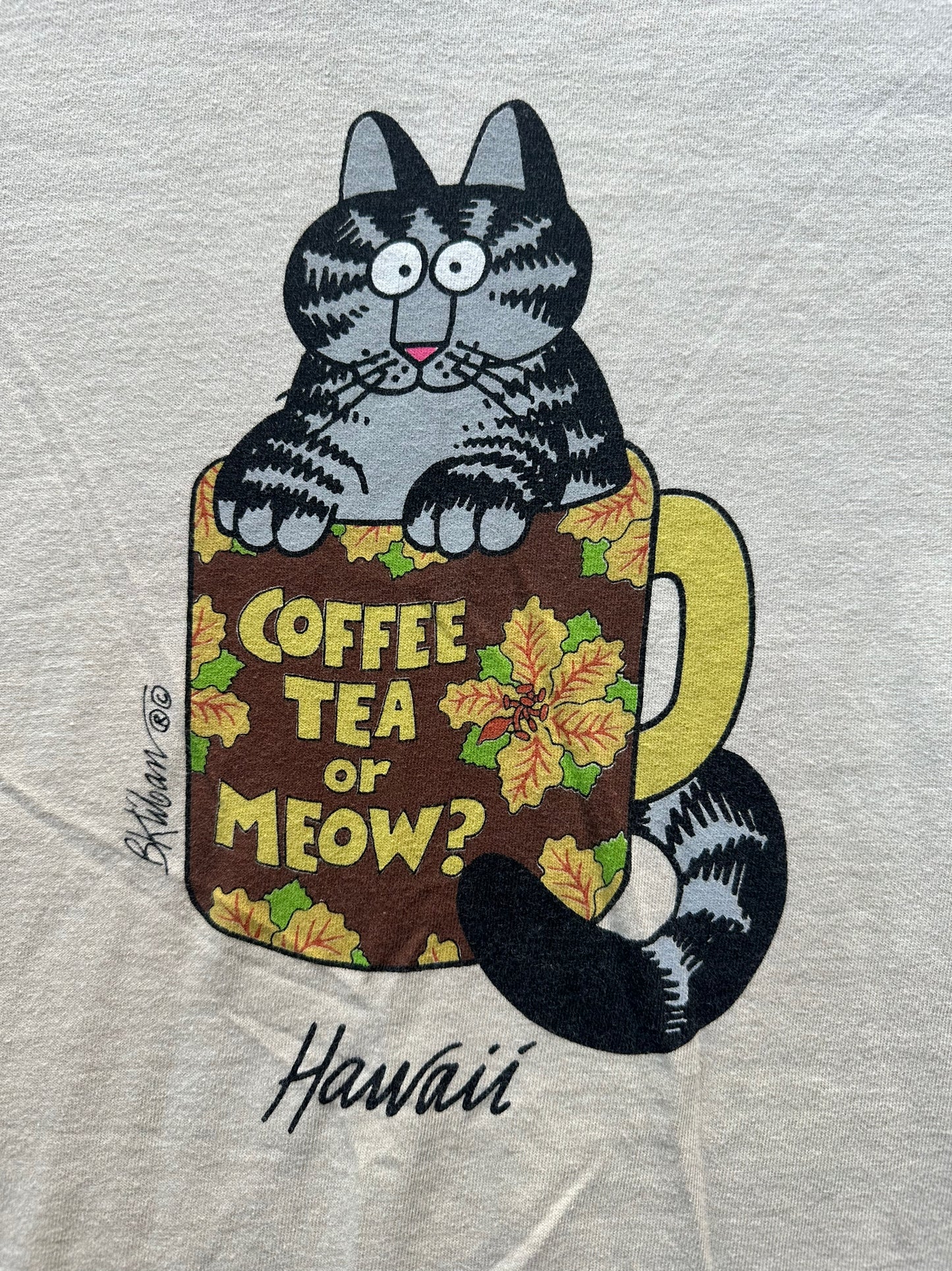 Front graphic on Vintage B. Kliban "Coffee Tea or Meow?" Tee SZ XL |  Vintage Cat Tee Seattle | Barn Owl Vintage