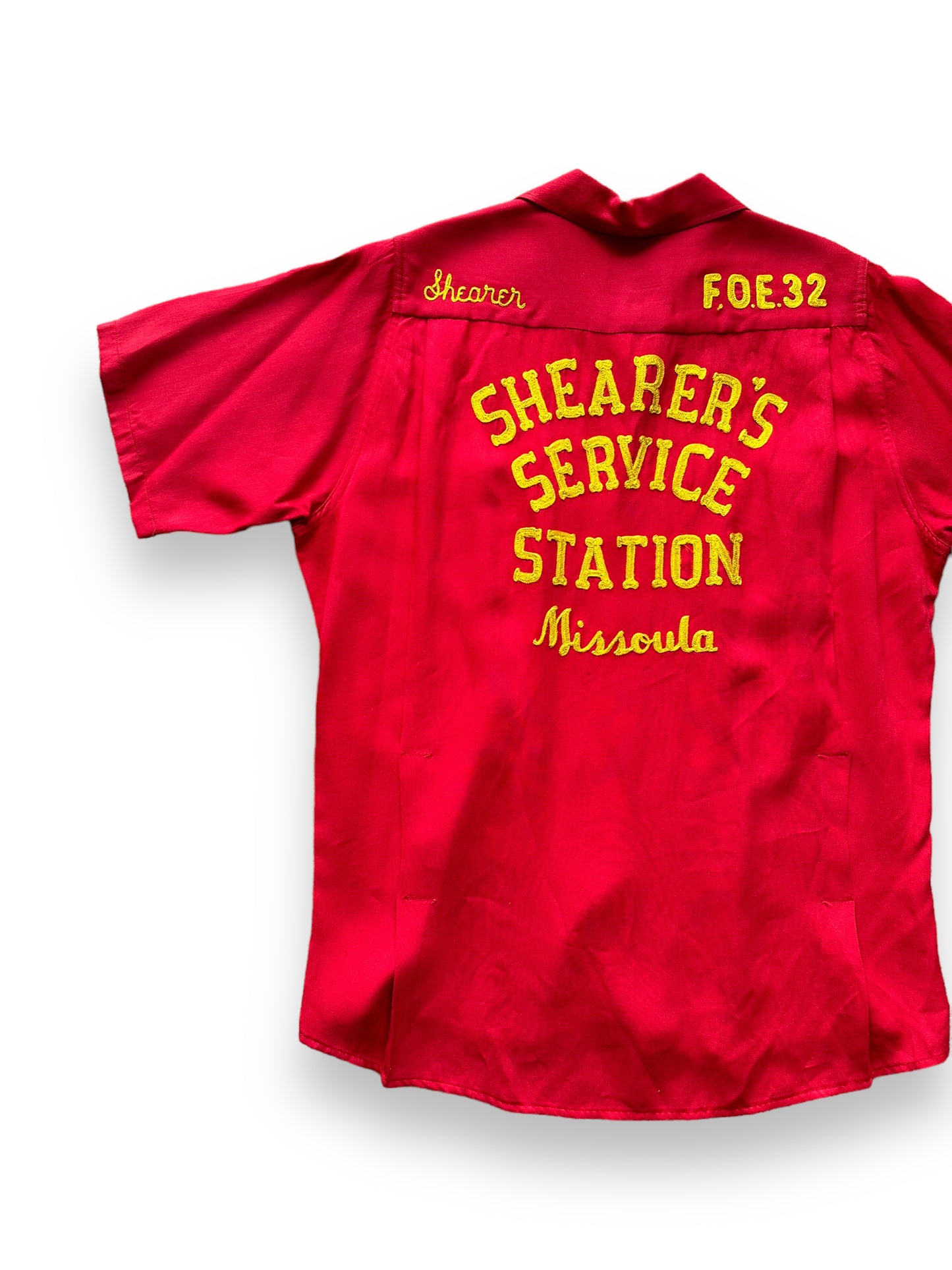 Back left of Vintage "Shearer's Service Station" Chainstitched Bowling Shirt SZ M | Vintage Bowling Shirt Seattle | Barn Owl Vintage Seattle