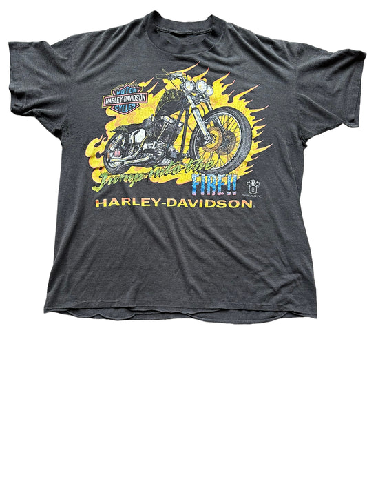 Front of Vintage 1990s "Jump into the Fire" 3D Emblem Harley Davidson Tee SZ XXL | Vintage Harley Tee | Barn Owl Vintage Seattle