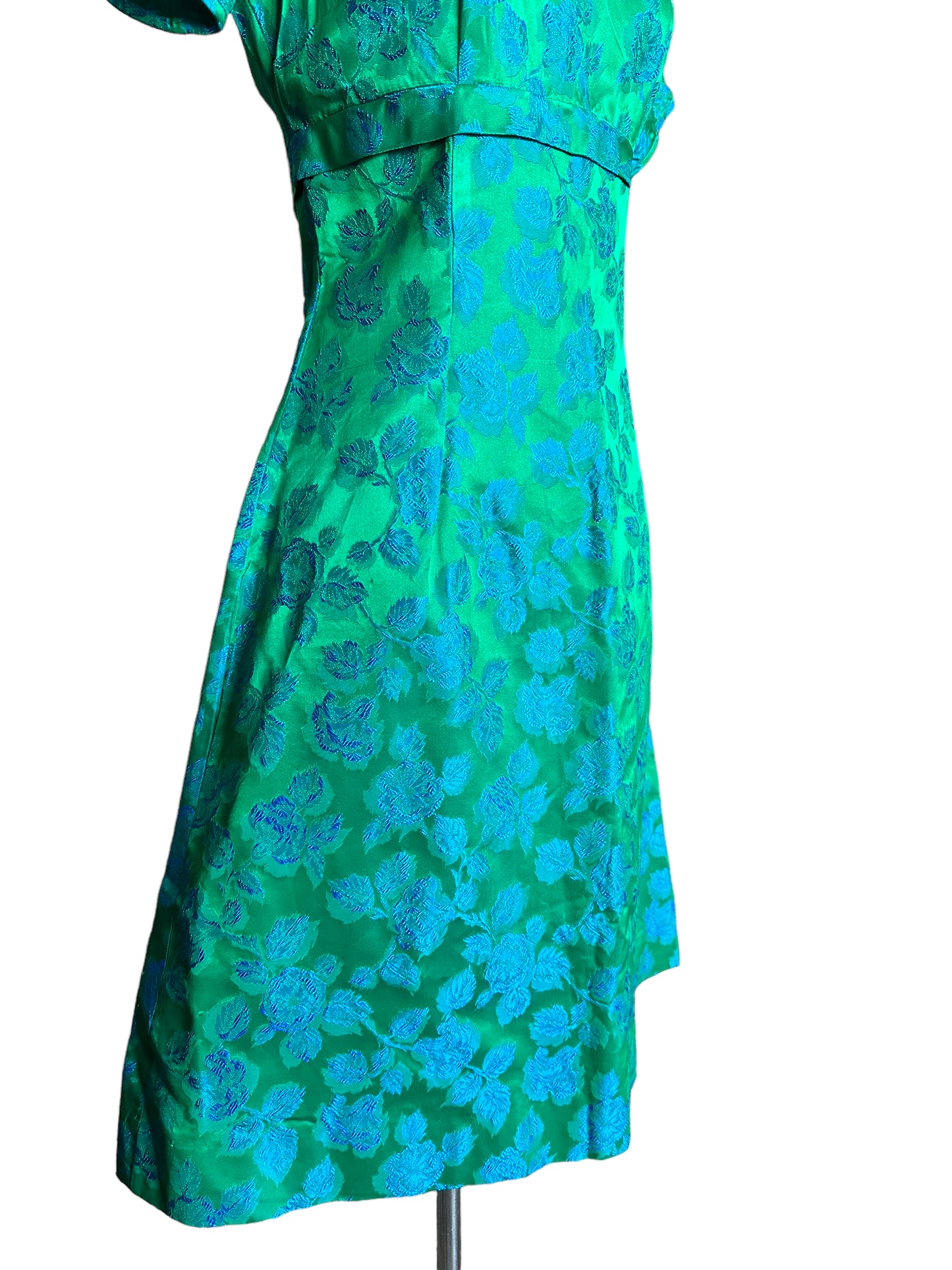 Right side skirt view ofVintage 1950s Blue/Green Brocade Dress |  Barn Owl Vintage Seattle | True Vintage Dresses