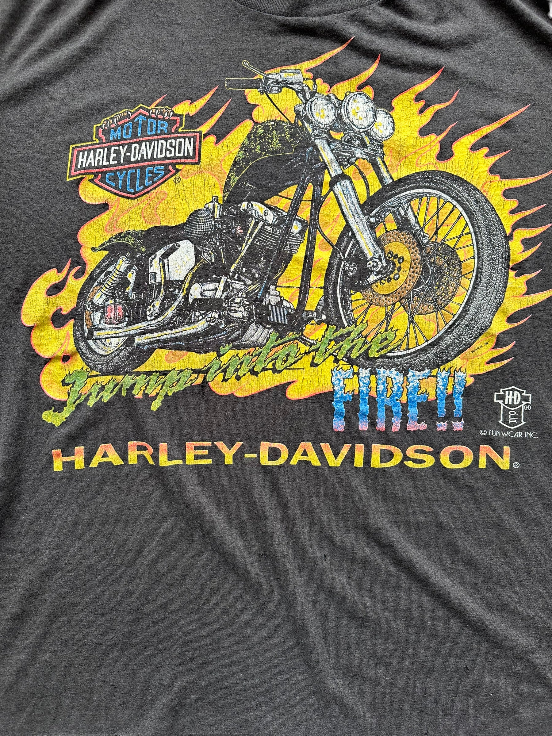 Graphic on Vintage 1990s "Jump into the Fire" 3D Emblem Harley Davidson Tee SZ XXL | Vintage Harley Tee | Barn Owl Vintage Seattle