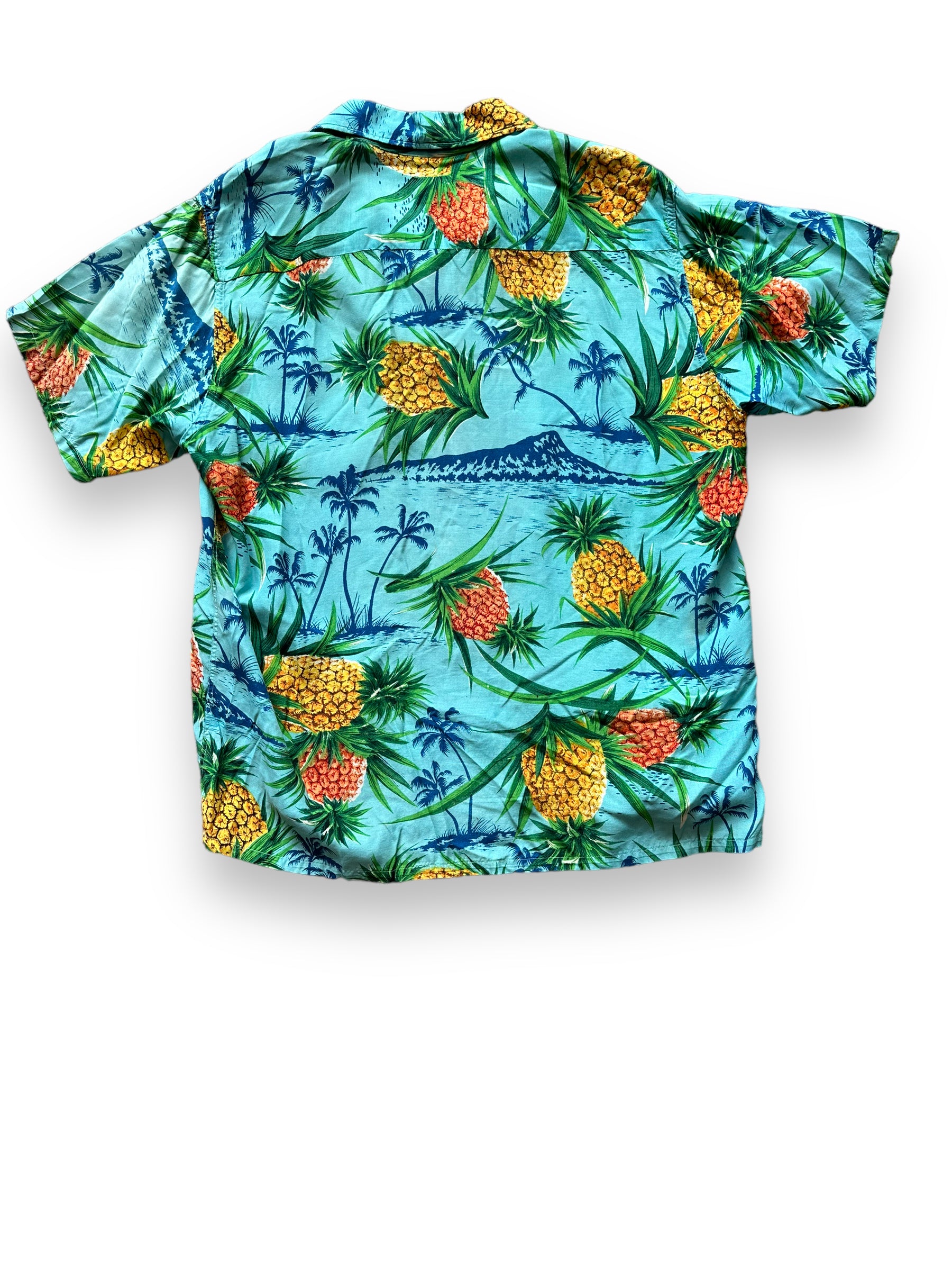 Rear View of Vintage South Pacific Blue Pineapple Aloha Shirt SZ M | Seattle Vintage Rayon Hawaiian Shirt | Barn Owl Vintage Clothing Seattle