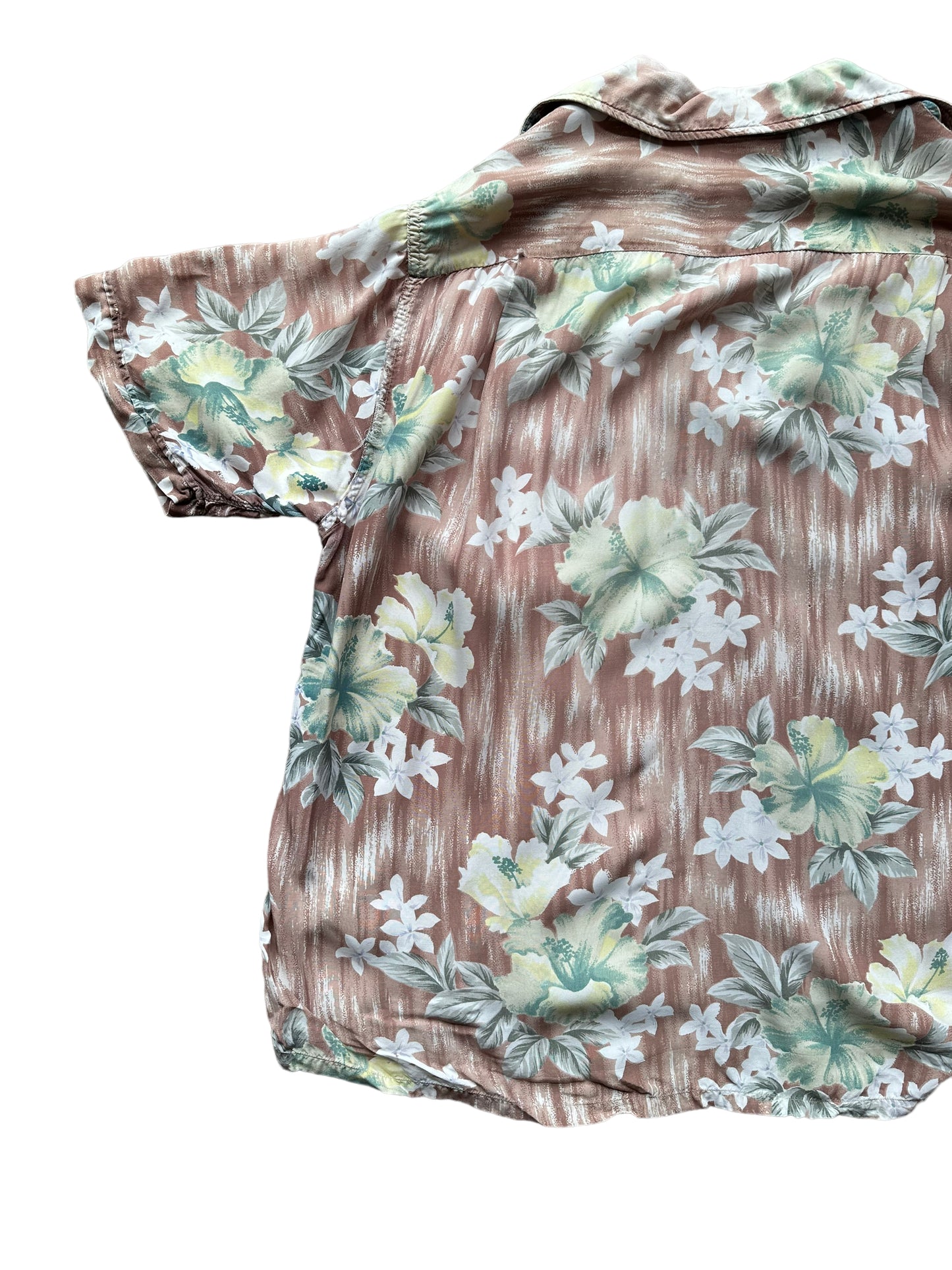 Back left shot of Vintage Made in Japan Penney's Brown/Green Floral Aloha Shirt SZ M | Seattle Vintage Rayon Hawaiian Shirt | Barn Owl Vintage Clothing Seattle