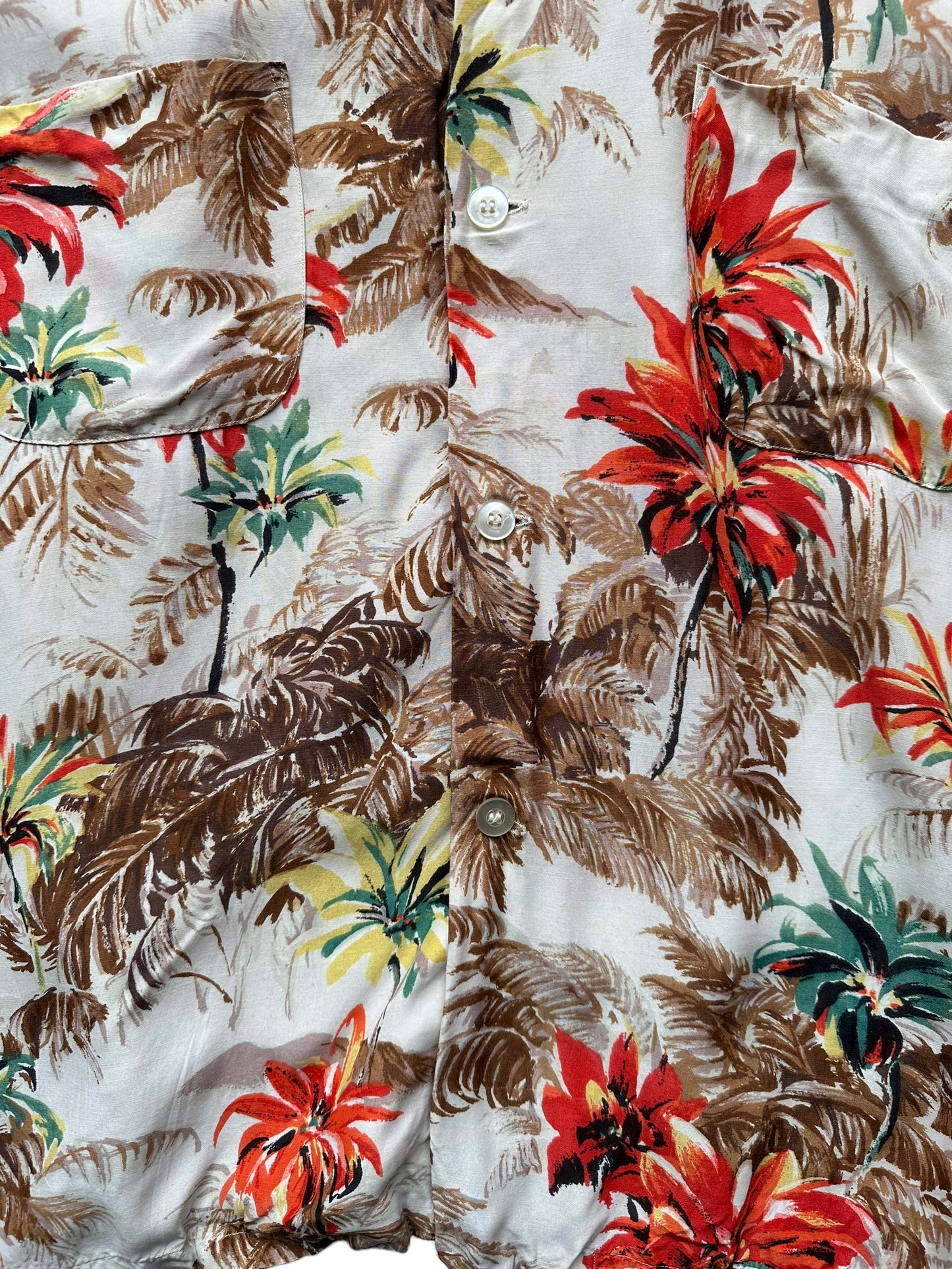 Front detail shot of Vintage Made in Japan Penney's Brown/Orange Floral Aloha Shirt SZ M | Seattle Vintage Rayon Hawaiian Shirt | Barn Owl Vintage Clothing Seattle