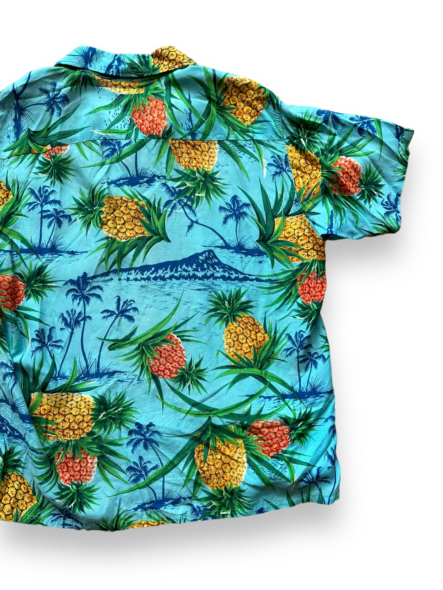 Right Rear View of Vintage South Pacific Blue Pineapple Aloha Shirt SZ M | Seattle Vintage Rayon Hawaiian Shirt | Barn Owl Vintage Clothing Seattle