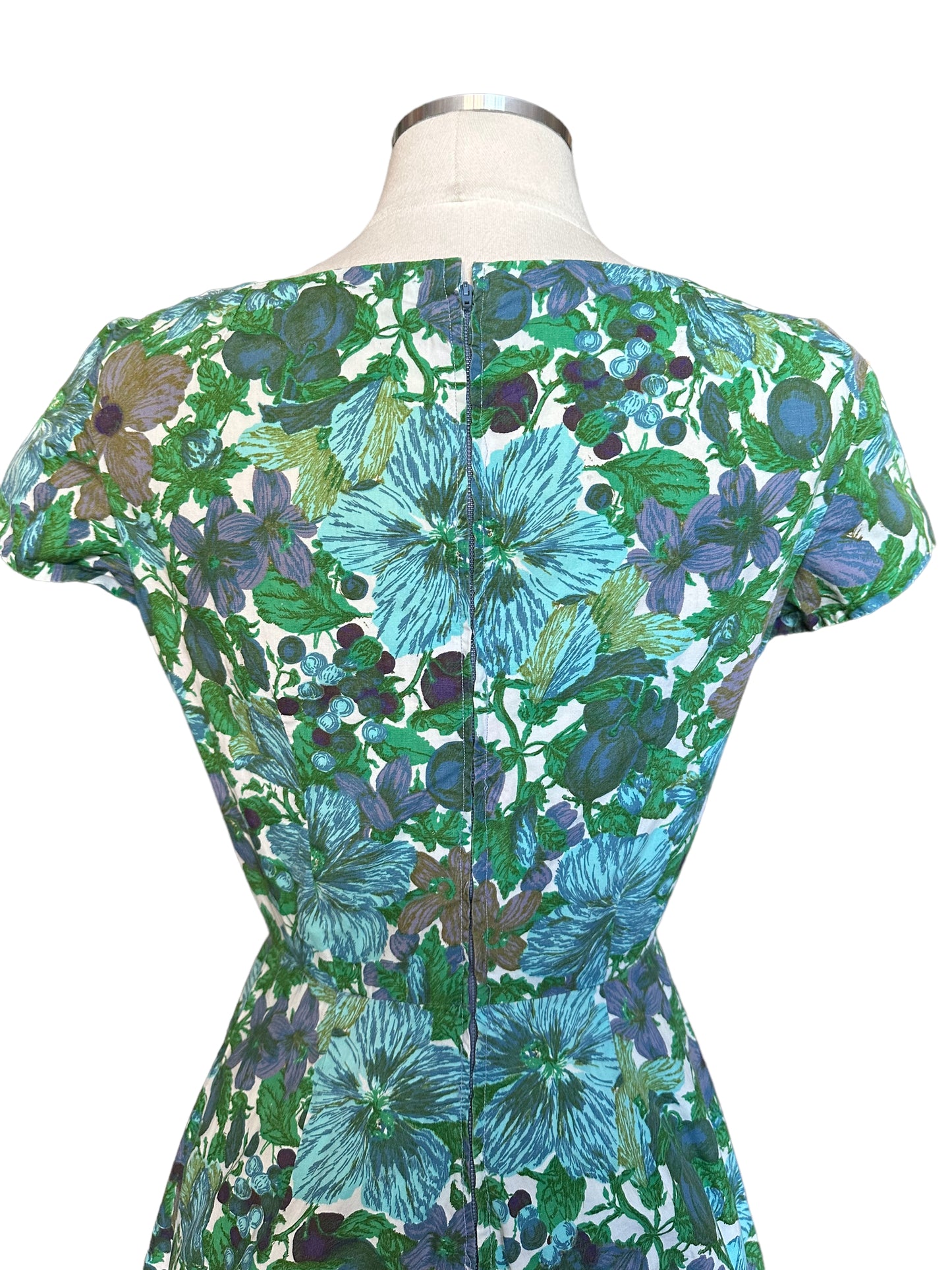 Back view of Vintage 1950s Blue Floral Cotton Dress |  Barn Owl True Vintage | Seattle Vintage Dresses
