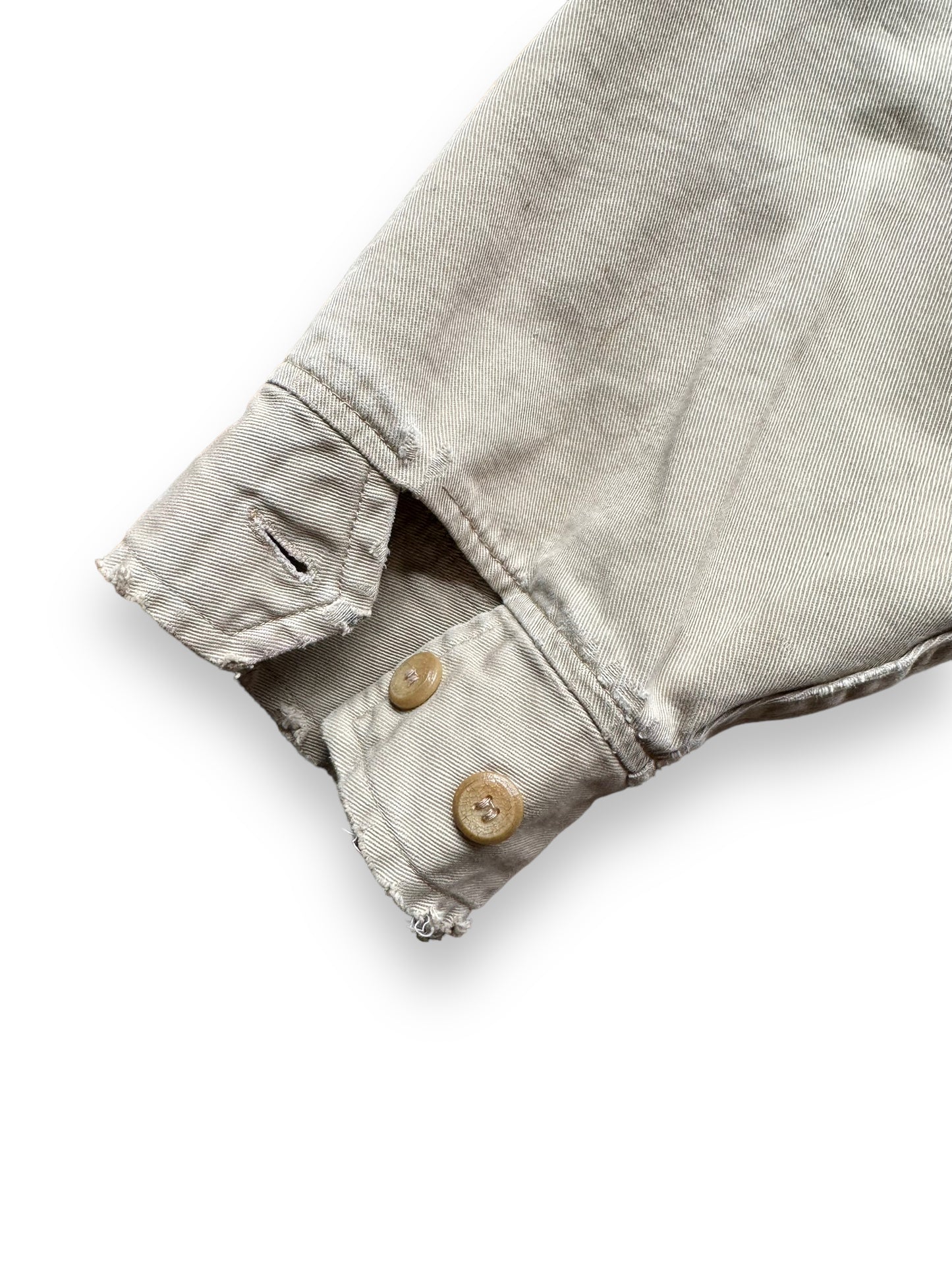 Right Cuff View on Vintage Cropped Workwear Khaki Jacket SZ L | Vintage European Workwear Seattle | Barn Owl Vintage Goods Seattle