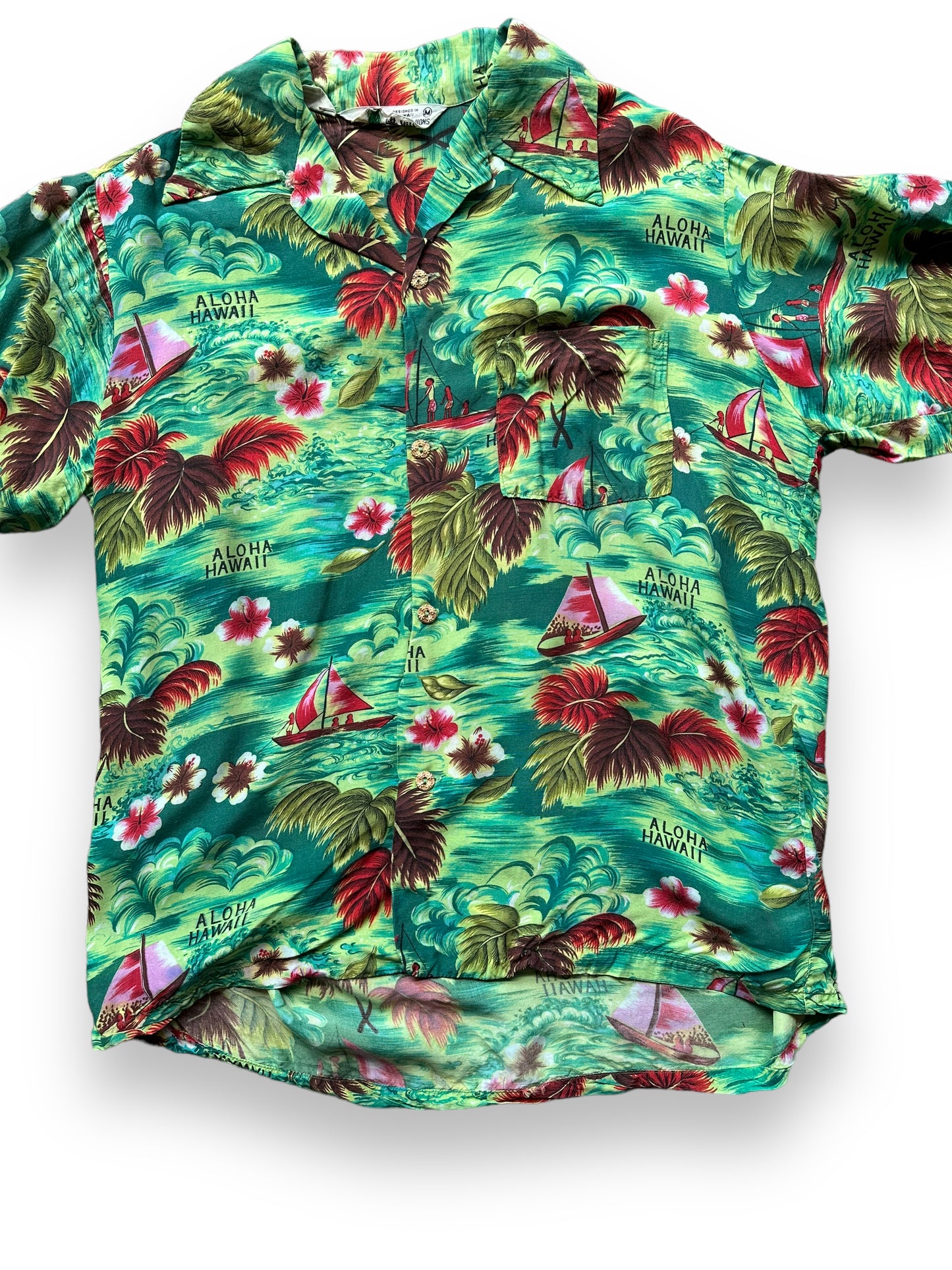 Front Detail on Vintage Island Fashions Green Rayon Aloha Shirt SZ M | Seattle Vintage Rayon Hawaiian Shirt | Barn Owl Vintage Clothing Seattle
