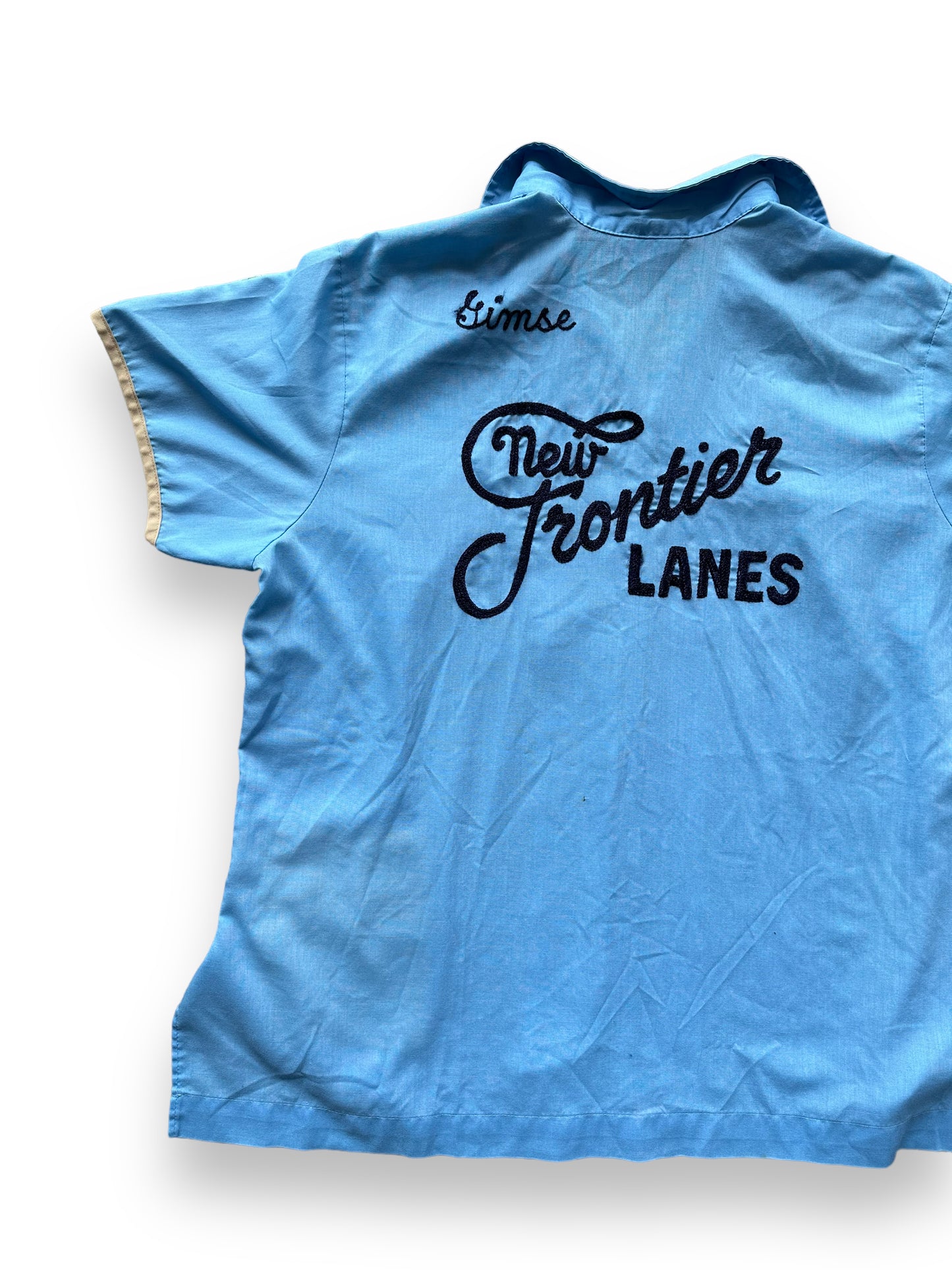 Back left of Vintage "New Frontier Lanes" Chainstitched Bowling Shirt SZ 40 | Vintage Bowling Shirt Seattle | Barn Owl Vintage Seattle