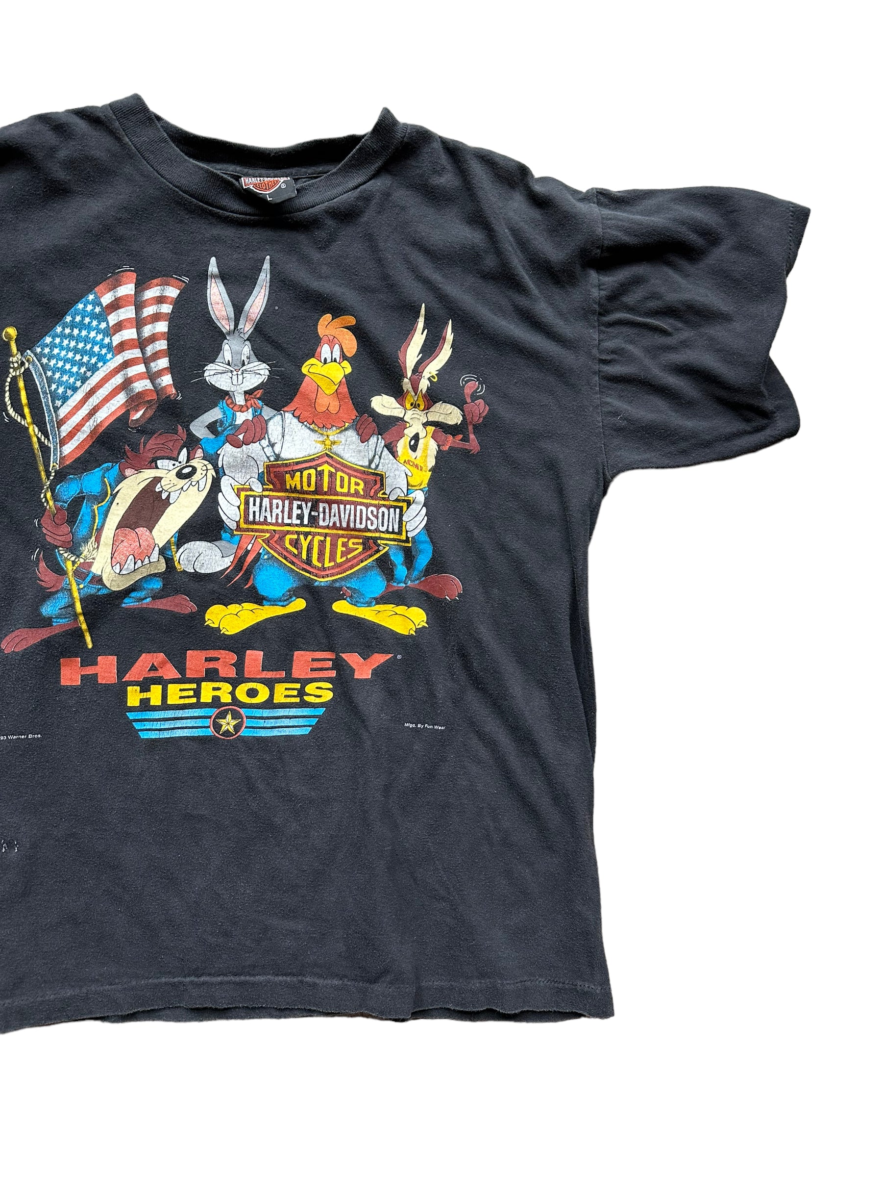 Front left of Vintage 1993 Looney Tunes Harley Davidson Tee SZ L | Vintage Harley Tee | Barn Owl Vintage Seattle